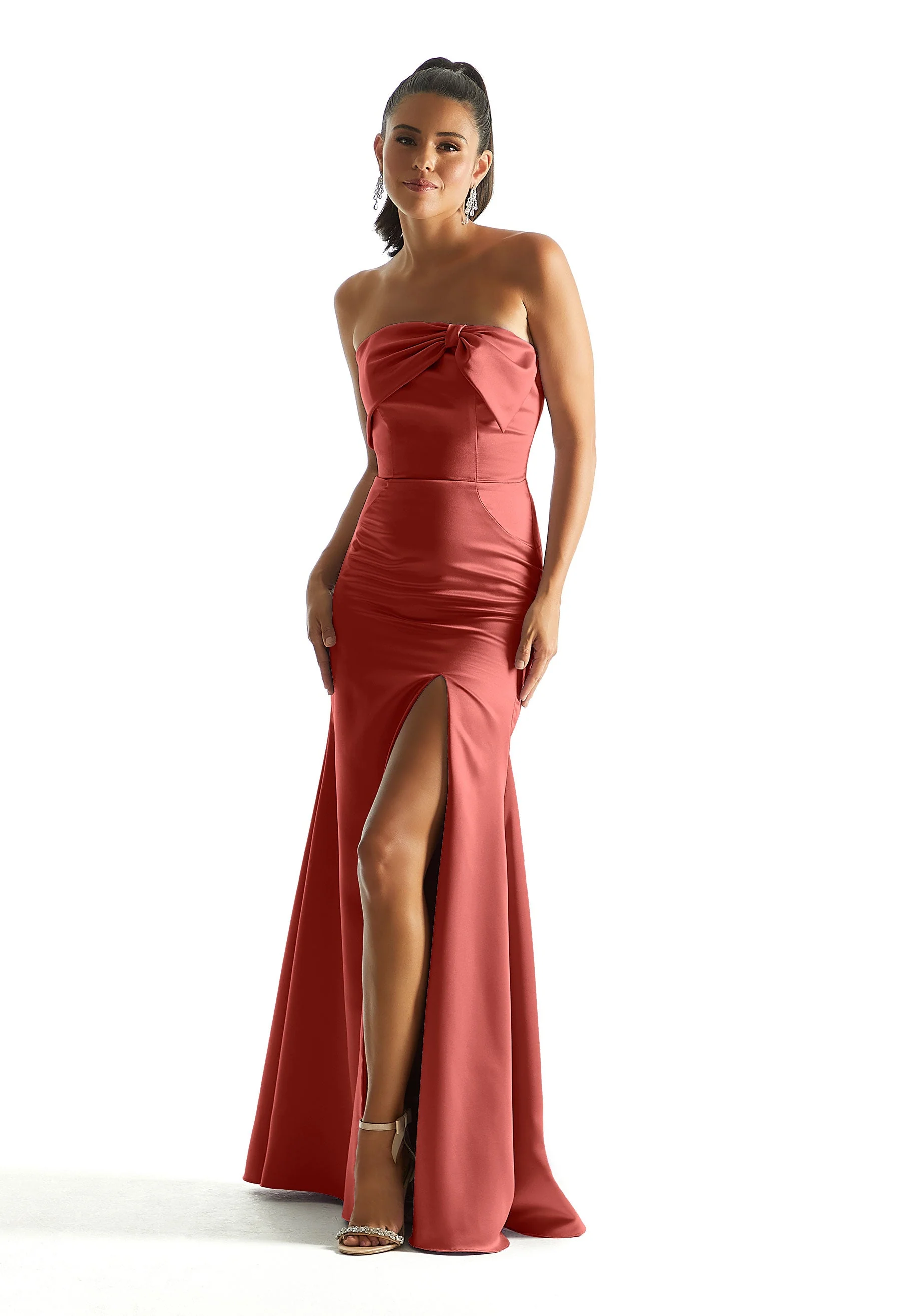 Satin Fit and Flare Bridesmaid Dress with Bow Neckline - Image 12