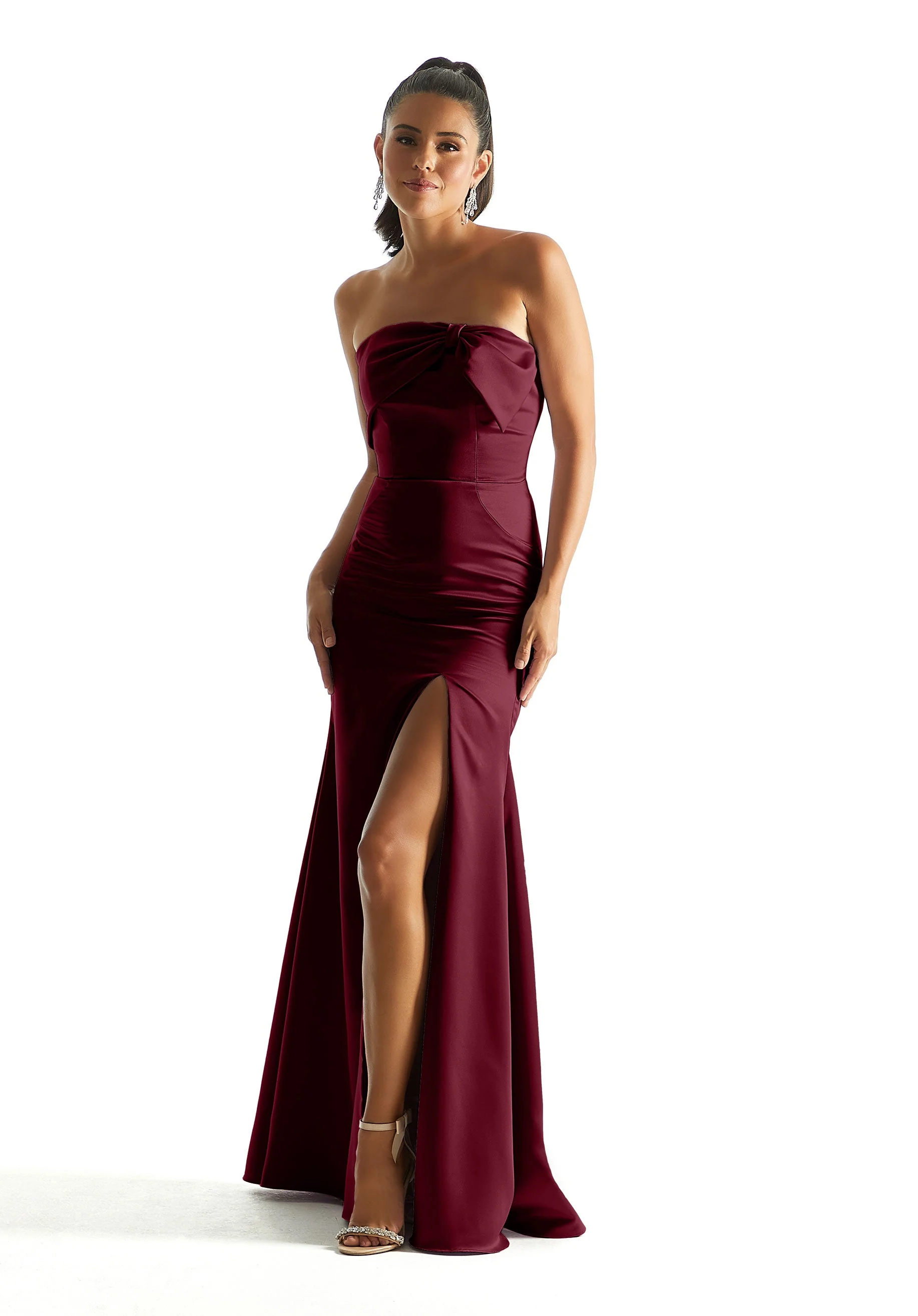 Satin Fit and Flare Bridesmaid Dress with Bow Neckline - Image 19