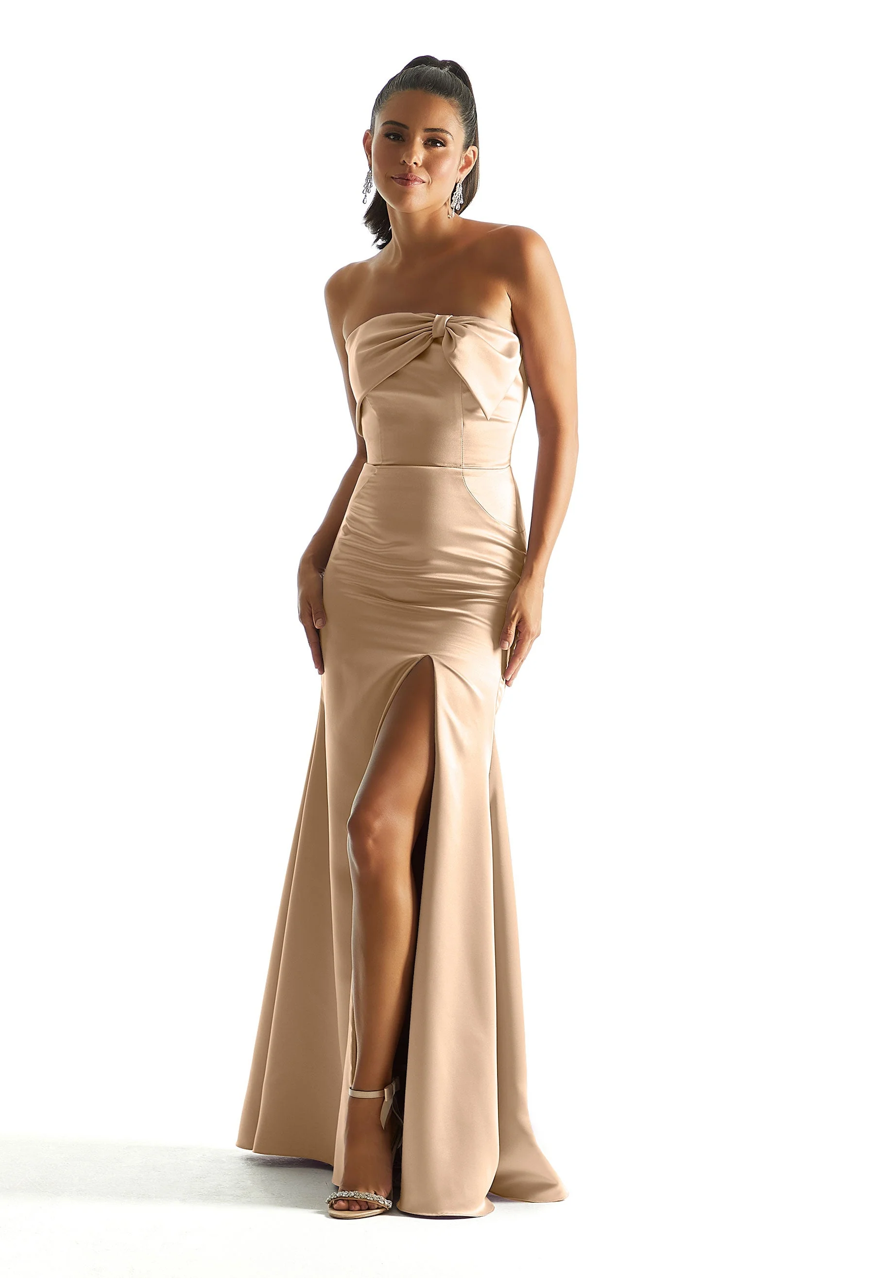 Satin Fit and Flare Bridesmaid Dress with Bow Neckline - Image 21