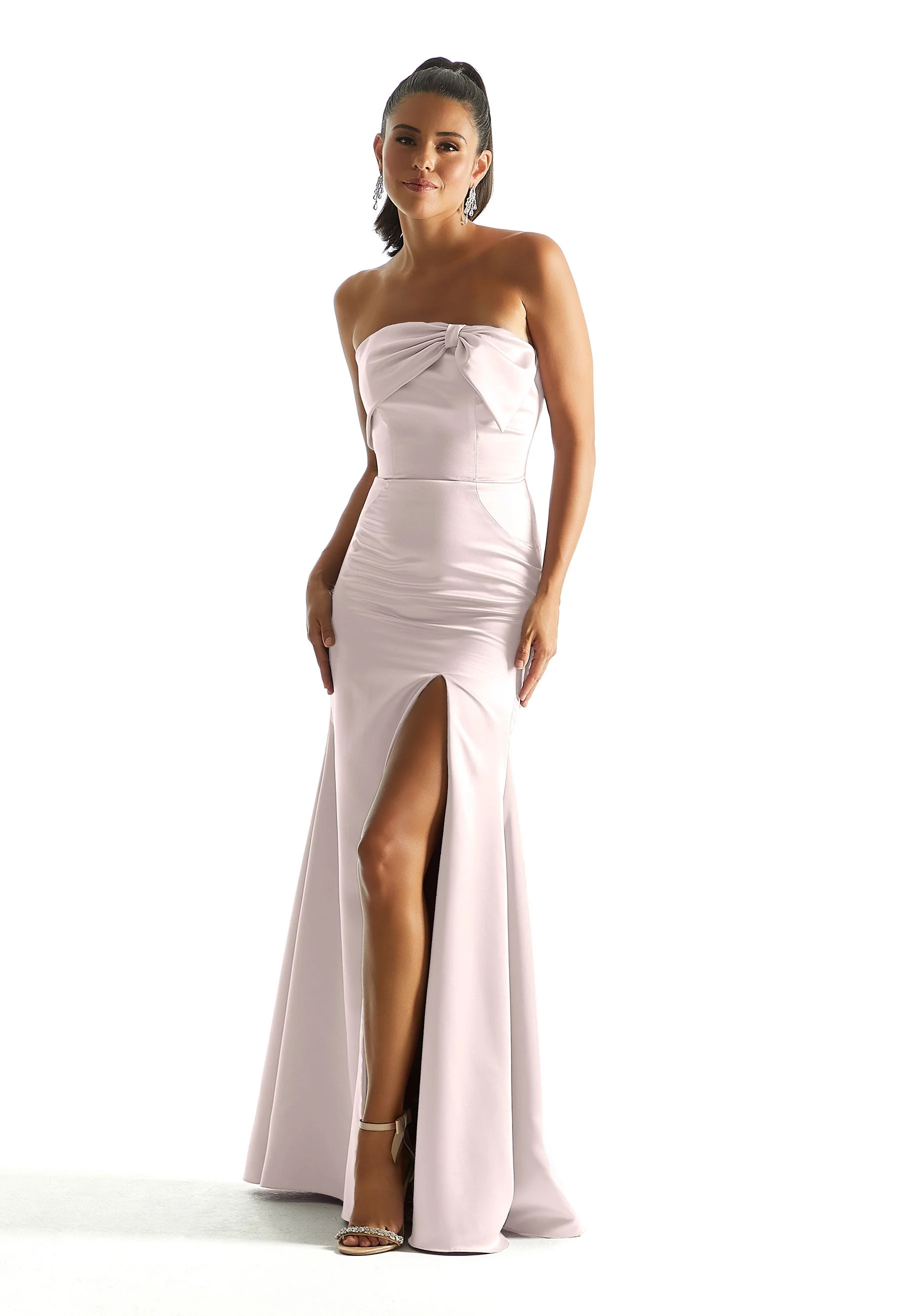 Satin Fit and Flare Bridesmaid Dress with Bow Neckline - Image 28