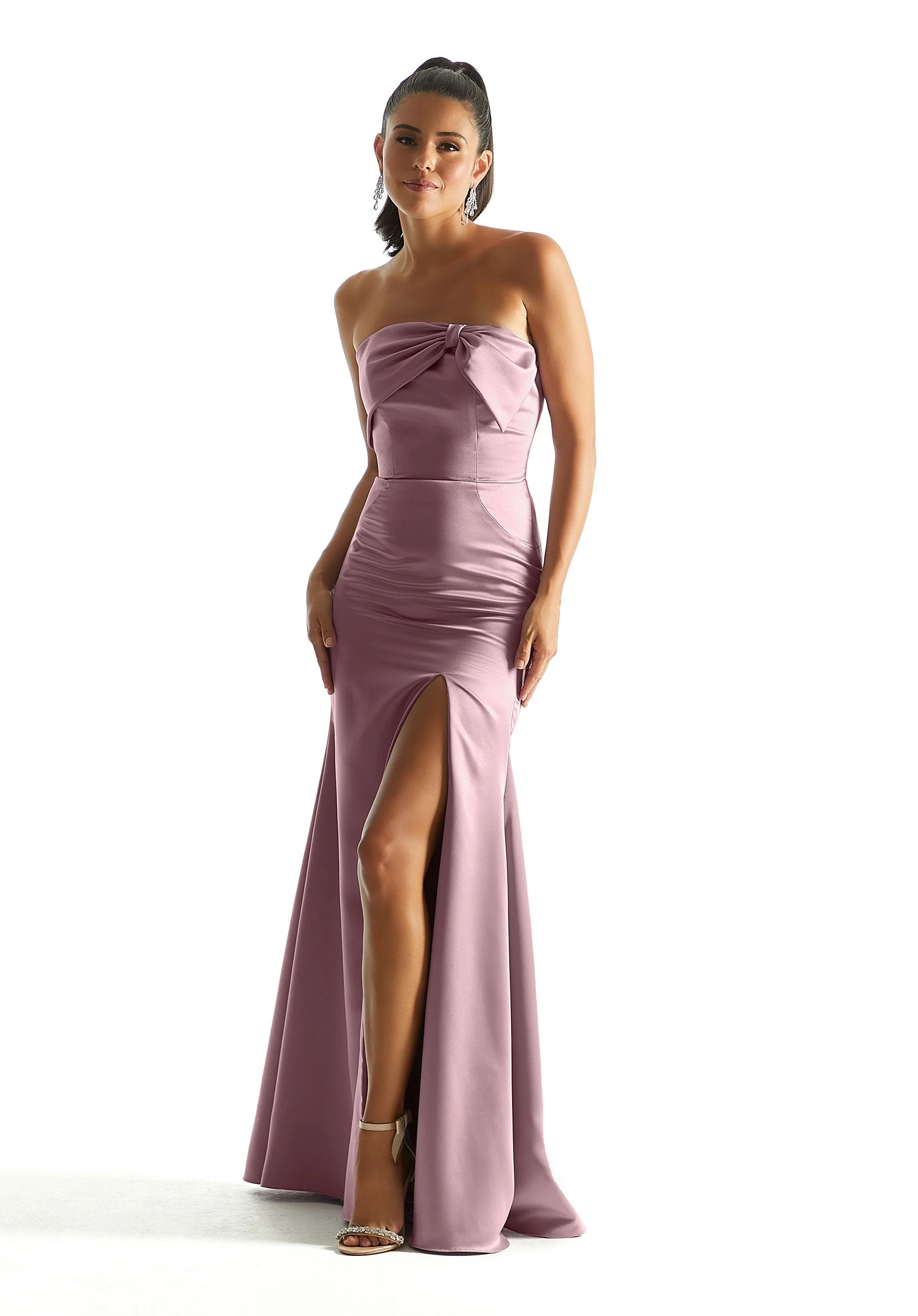 Satin Fit and Flare Bridesmaid Dress with Bow Neckline - Image 34