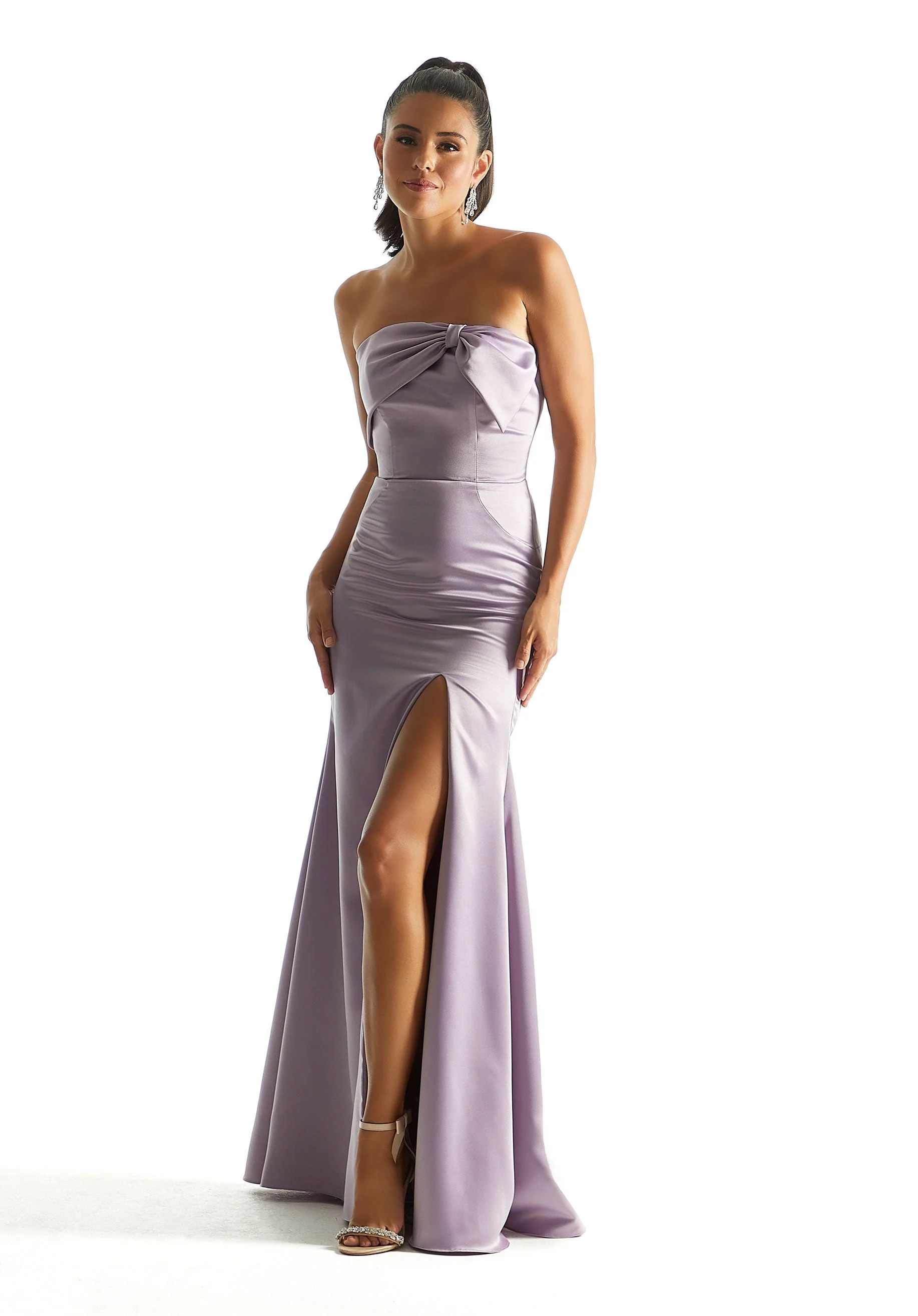 Satin Fit and Flare Bridesmaid Dress with Bow Neckline - Image 55