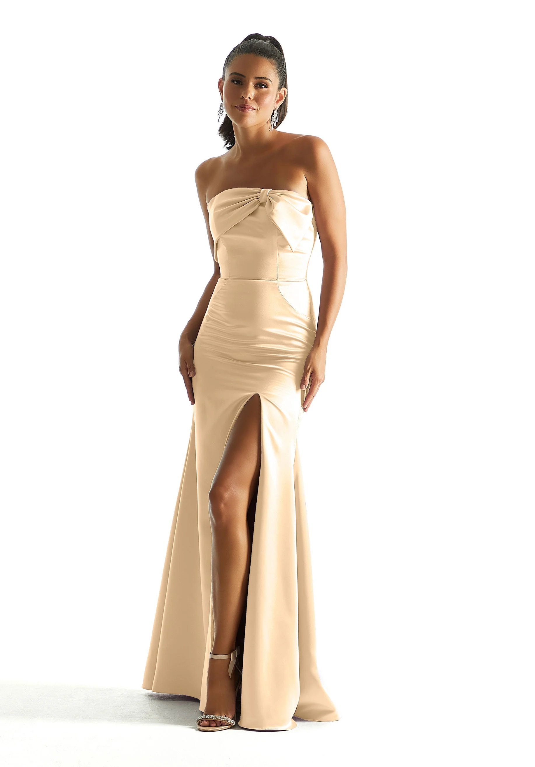 Satin Fit and Flare Bridesmaid Dress with Bow Neckline - Image 6