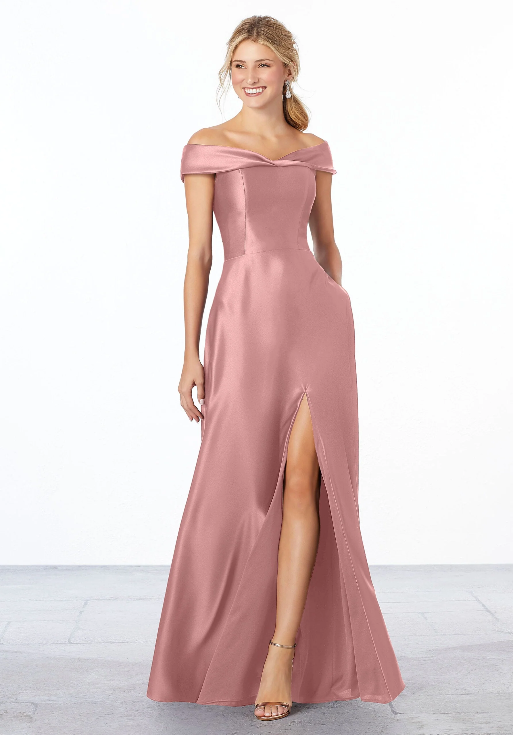 Satin Off-The-Shoulder Bridesmaid Dress - Image 30