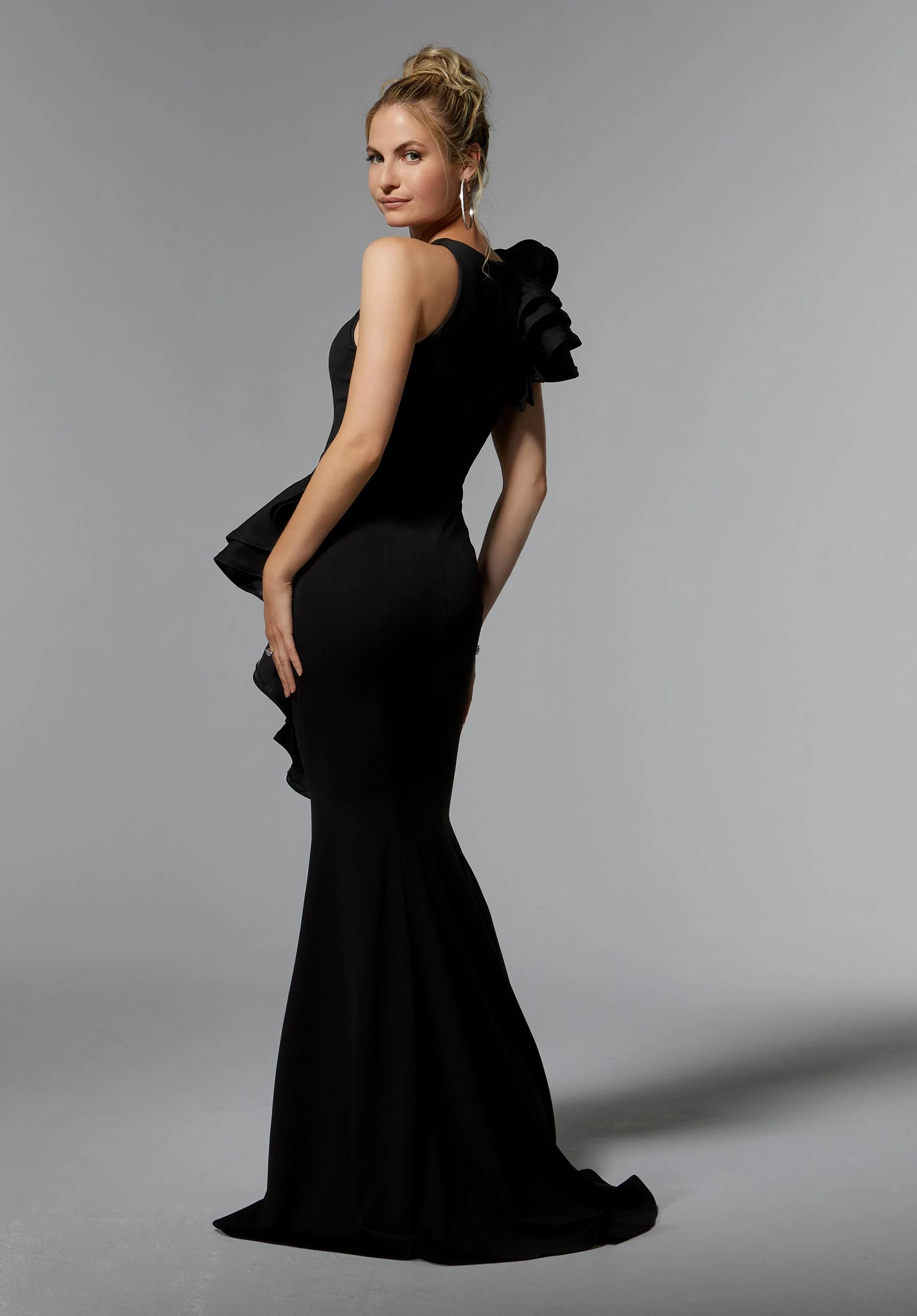Scuba Jersey Evening Gown with Flounced Detailing - Image 3