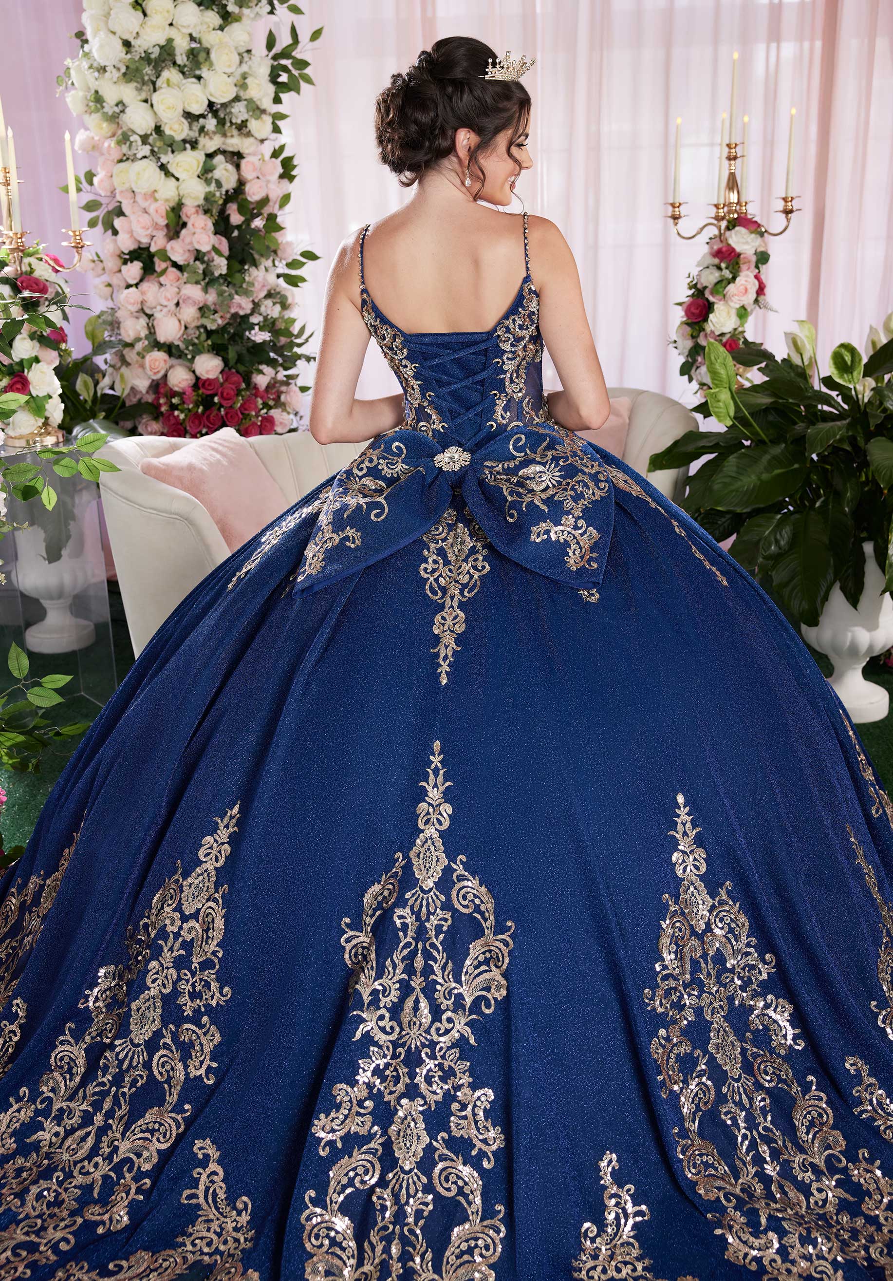 Sequin Embroidered Metallic Quinceañera Dress with Cape - Image 10
