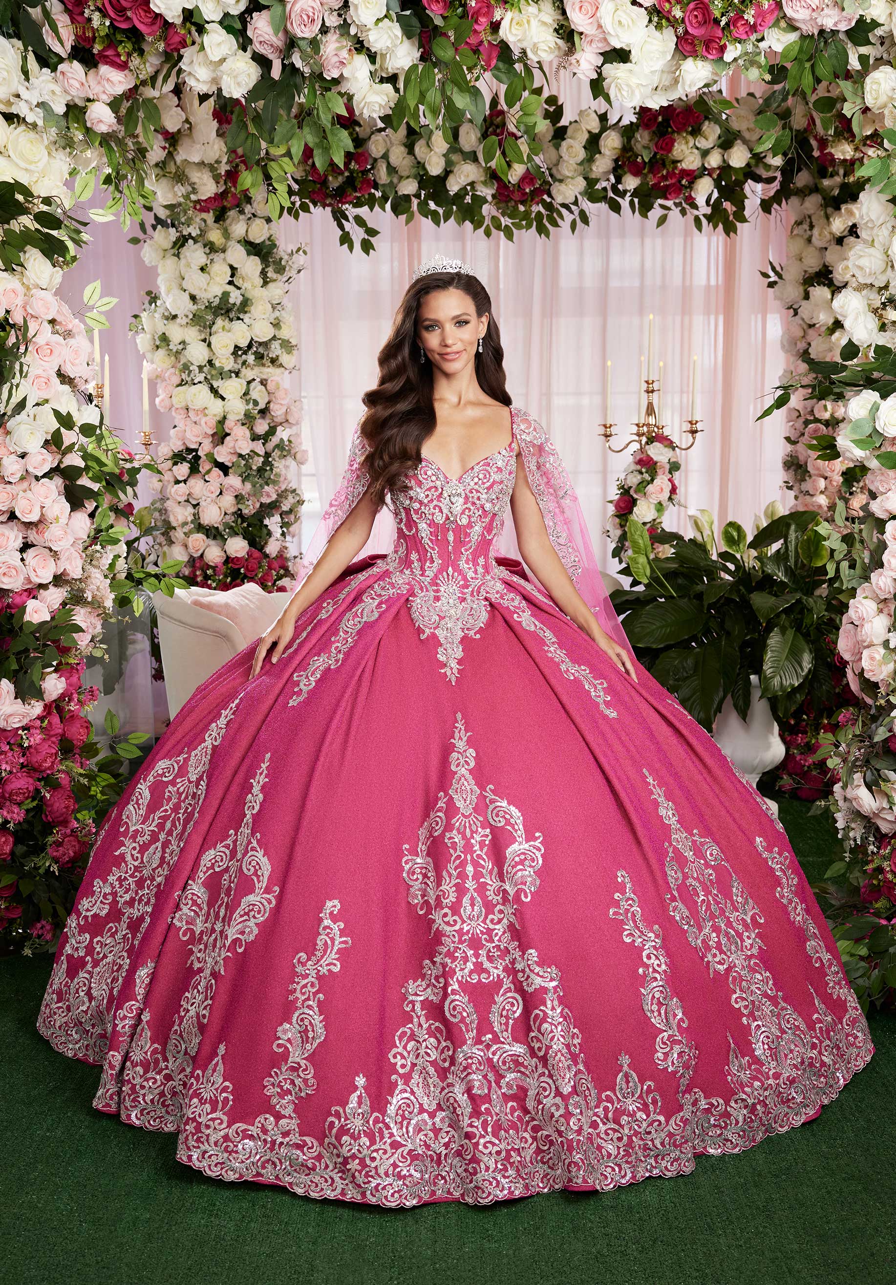 Sequin Embroidered Metallic Quinceañera Dress with Cape - Image 5