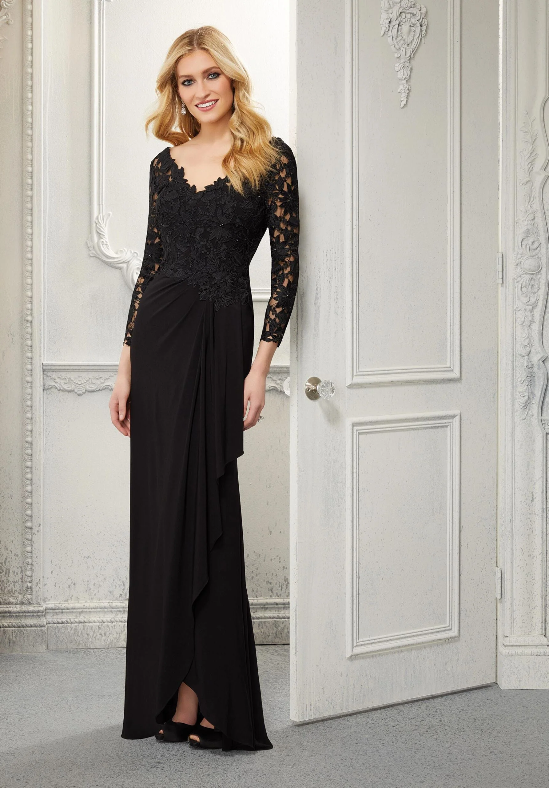 Sheath Beaded Lace and Jersey Evening Gown - Image 3