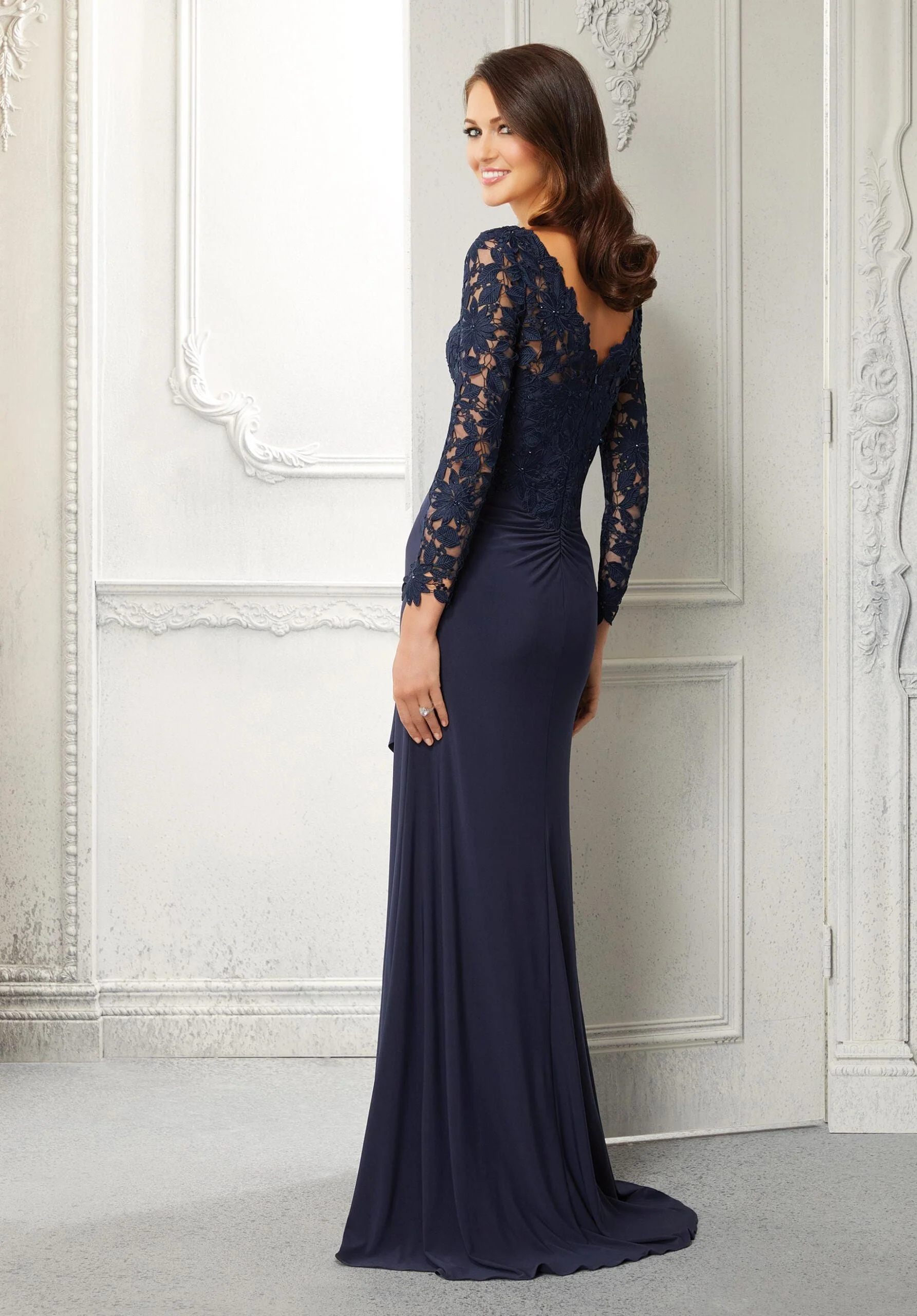 Sheath Beaded Lace and Jersey Evening Gown - Image 7