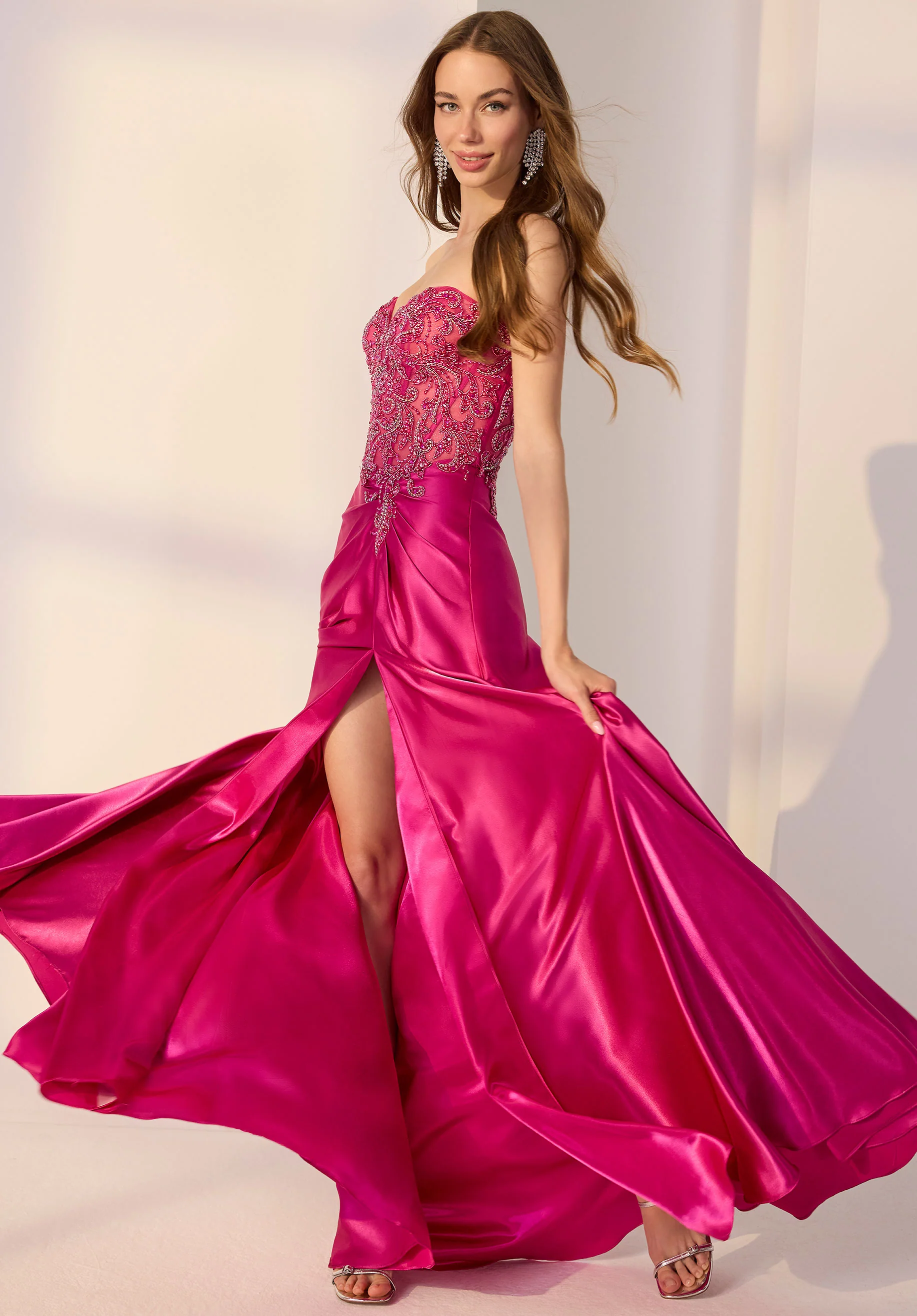 Sheer Beaded Bodice on Draped Charmeuse A-Line Party Dress - Image 3