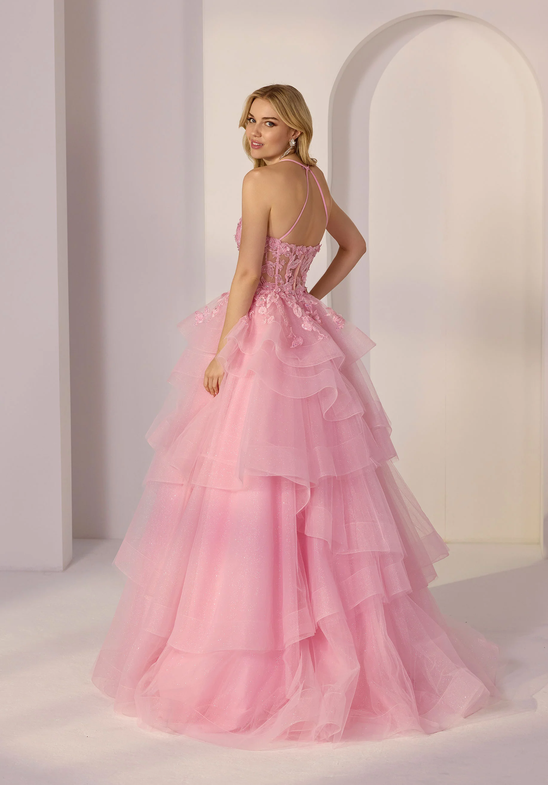 Sheer Beaded Lace Cat Eye Bodice on Tiered Glitter Tulle Party Dress - Image 3