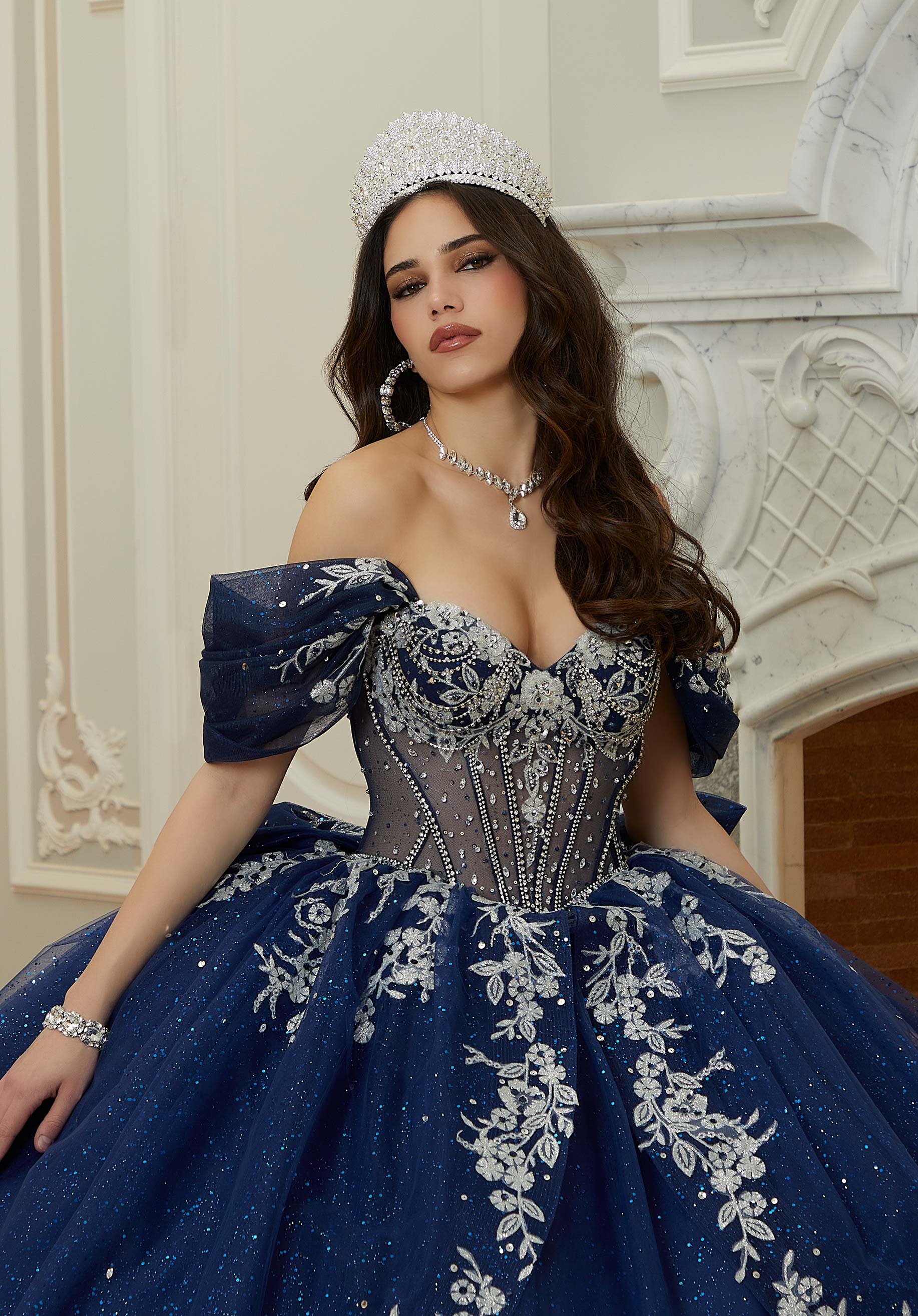 Sheer Chandelier Beaded Floral Glitter Quinceañera Dress - Image 2