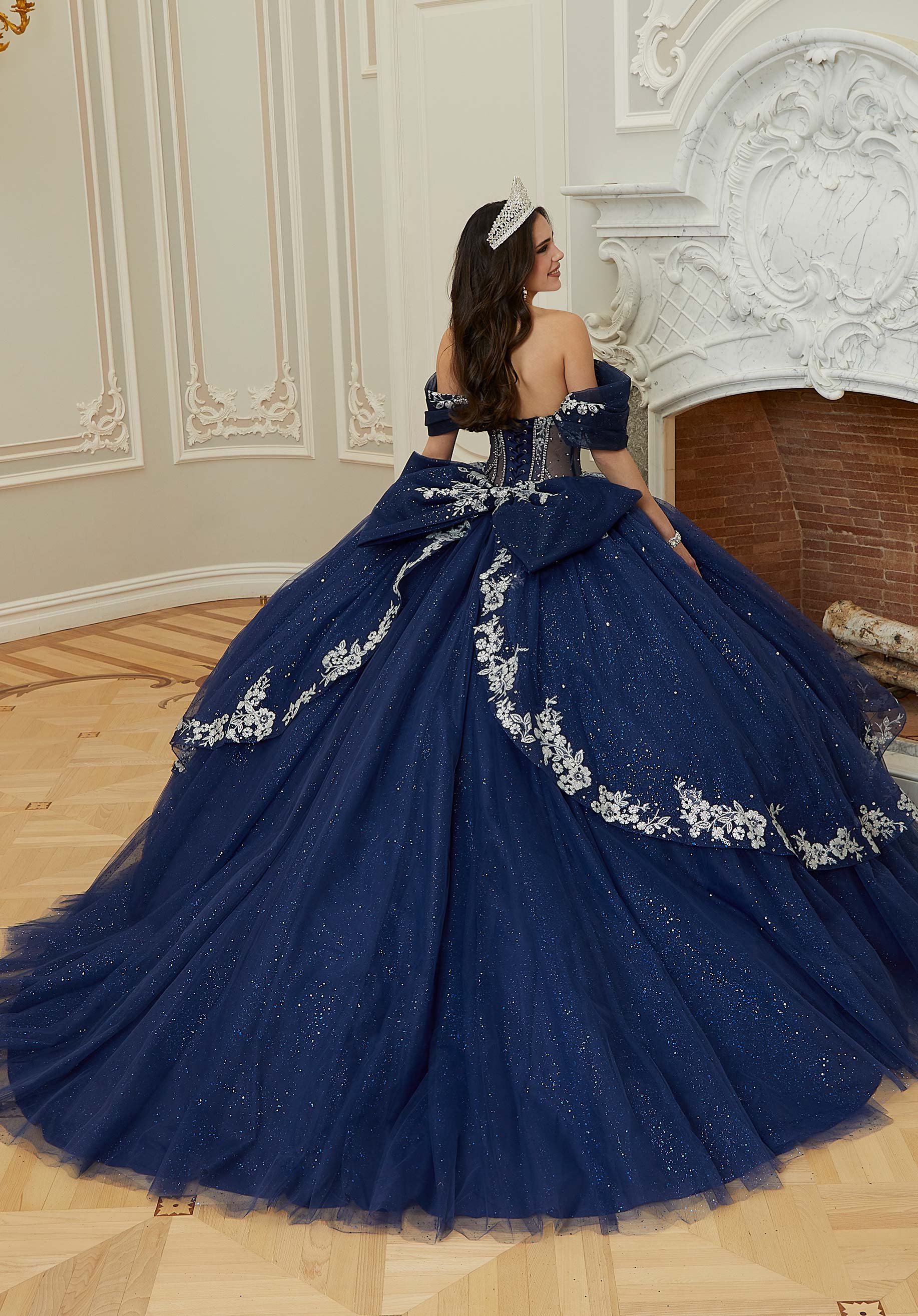 Sheer Chandelier Beaded Floral Glitter Quinceañera Dress - Image 5