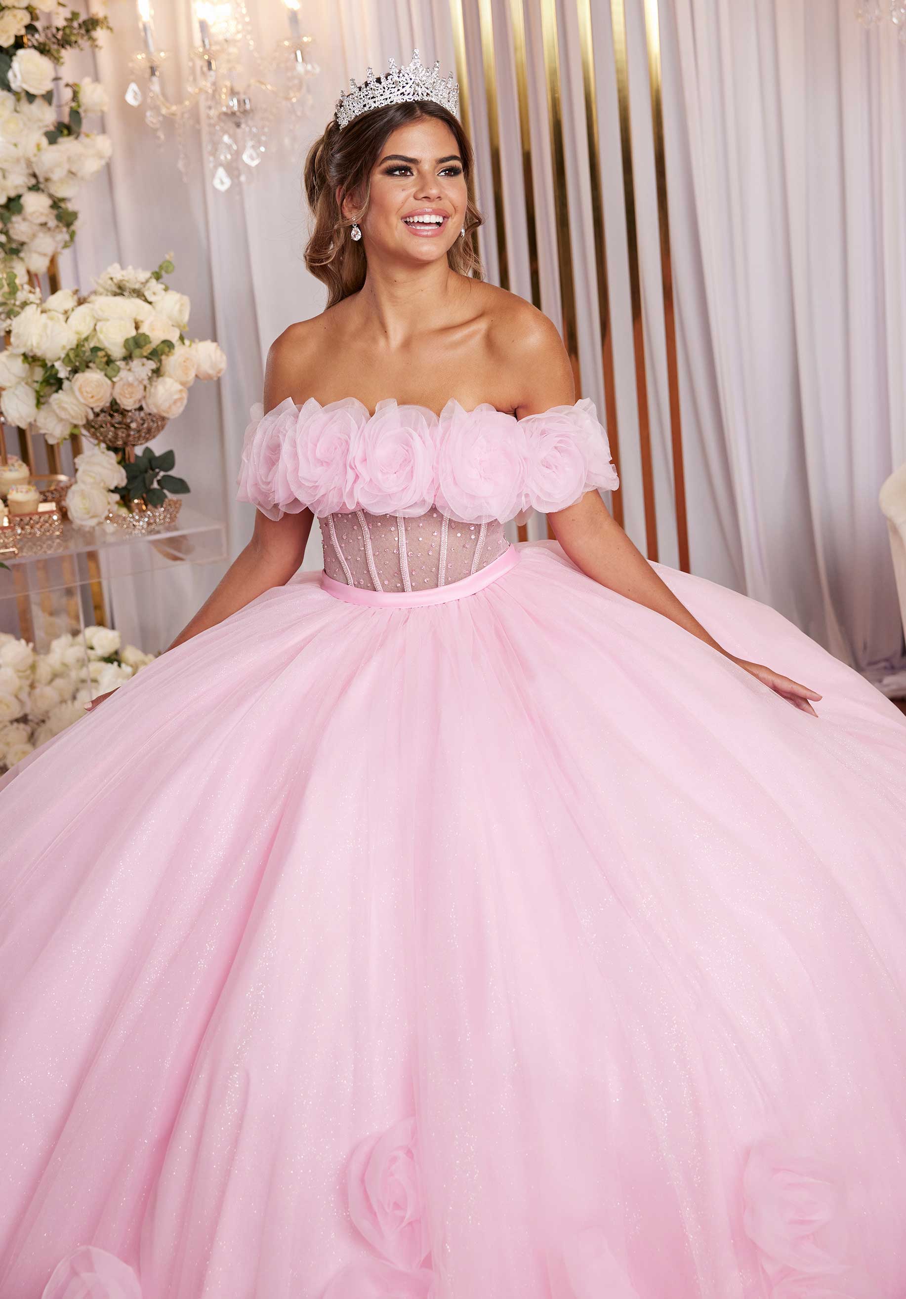 Sheer Corset Three Dimensional Floral Quinceañera Dress - Image 11