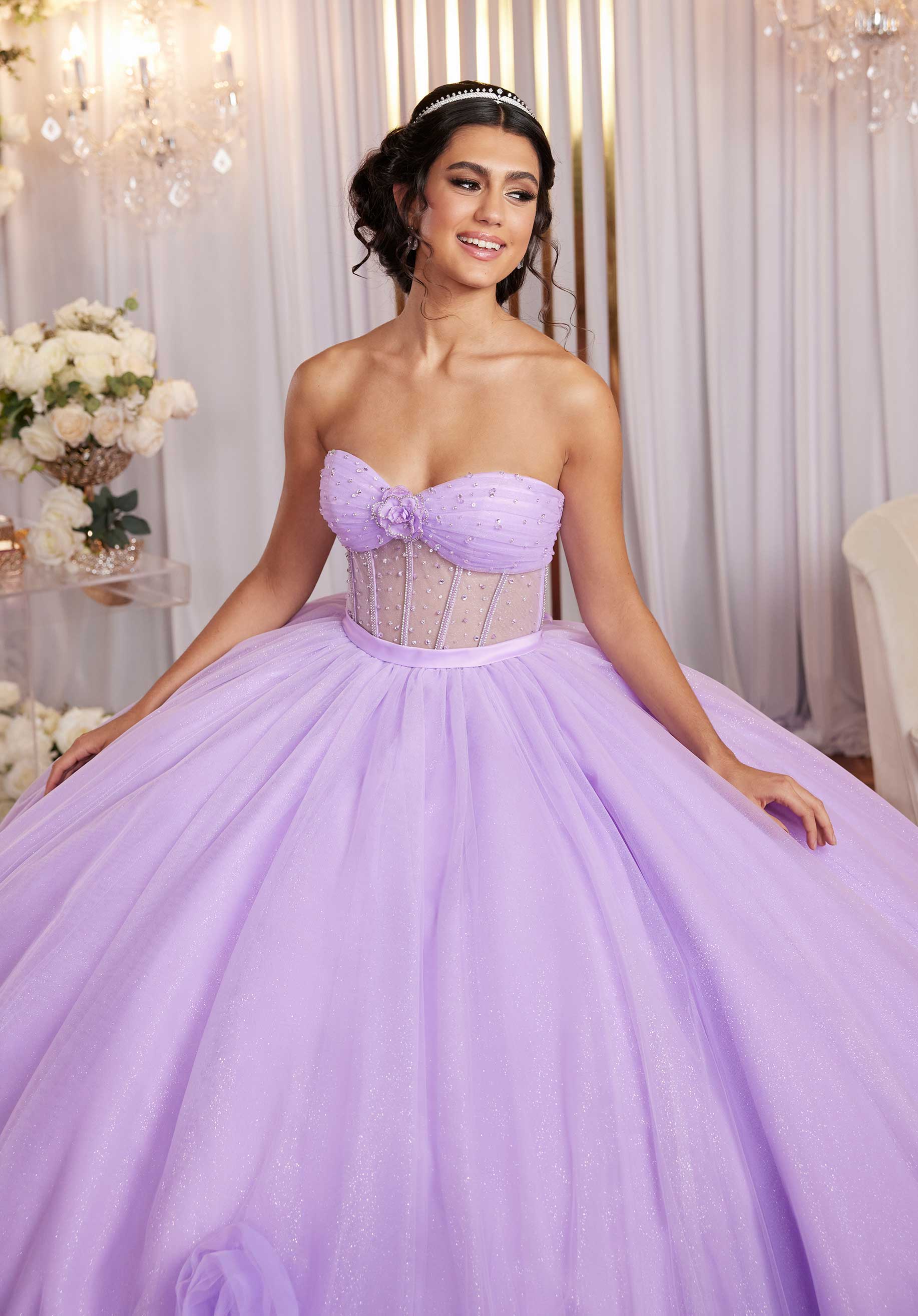 Sheer Corset Three Dimensional Floral Quinceañera Dress - Image 5
