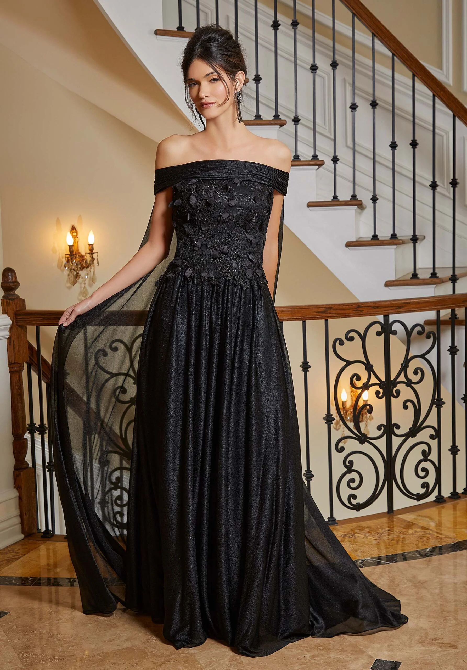 Shimmer Mesh A-line Evening Gown with Cape