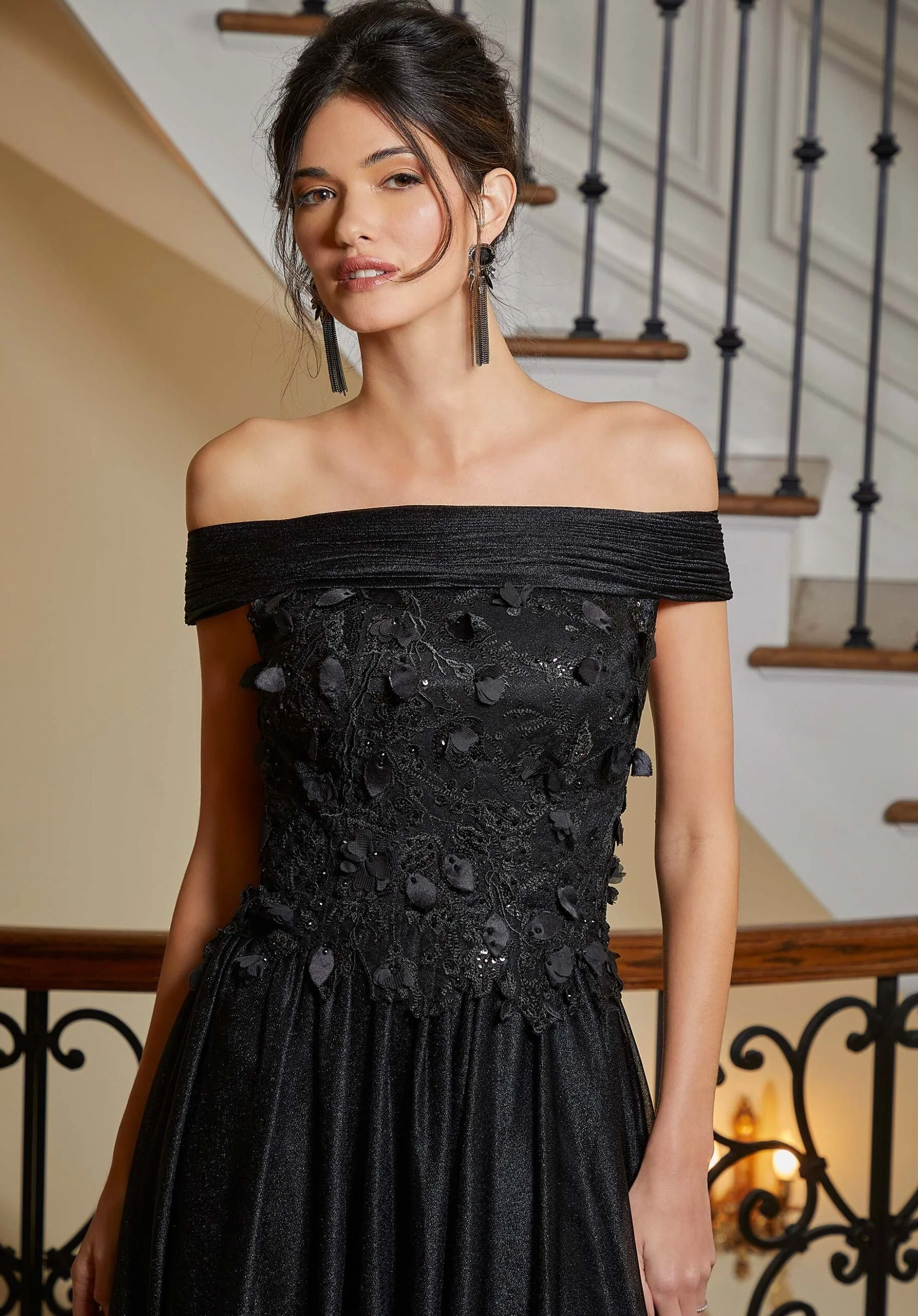 Shimmer Mesh A-line Evening Gown with Cape - Image 2