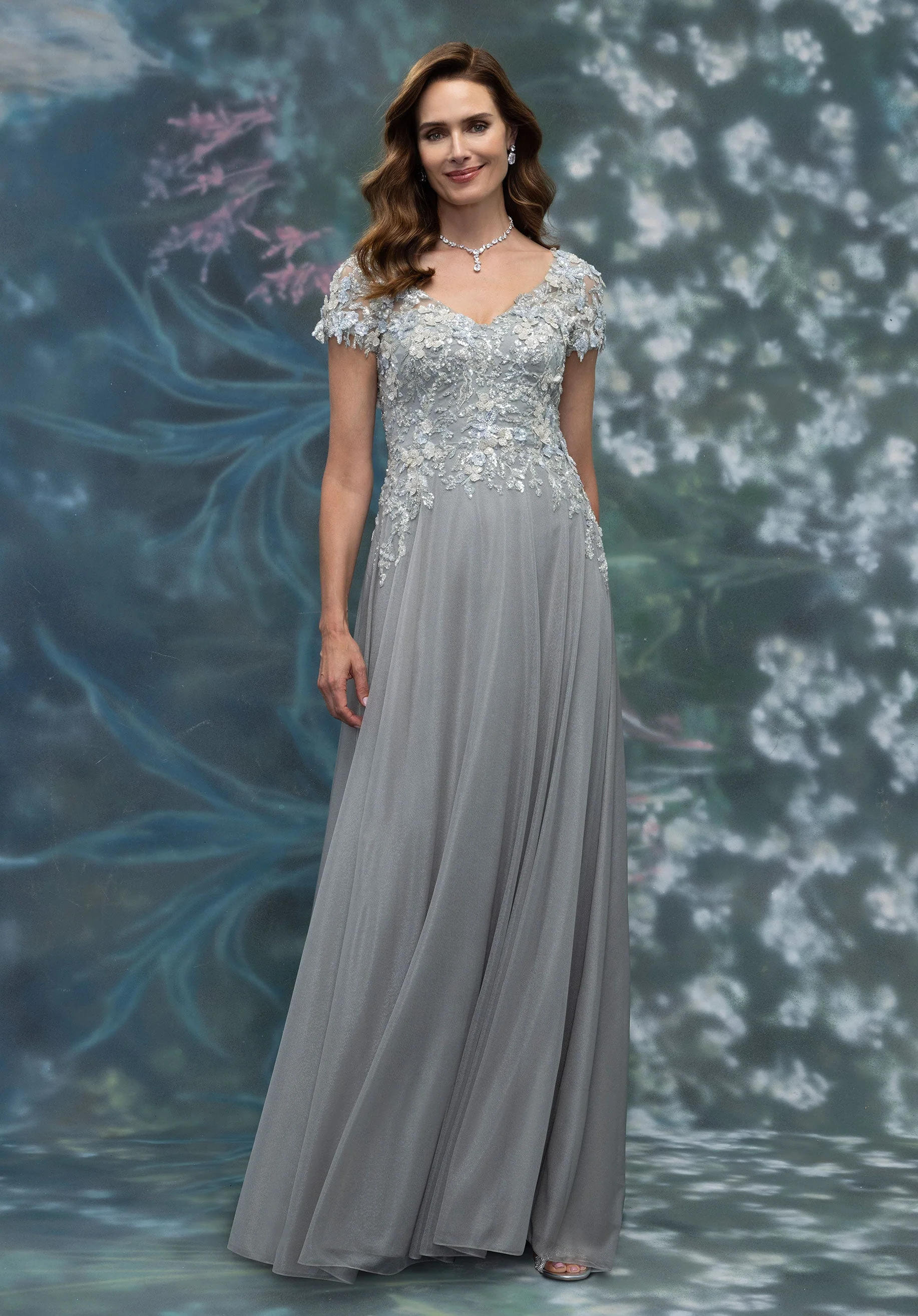 Short Sleeve Shimmer Chiffon Evening Gown with Florals and Hand Beading - Image 3