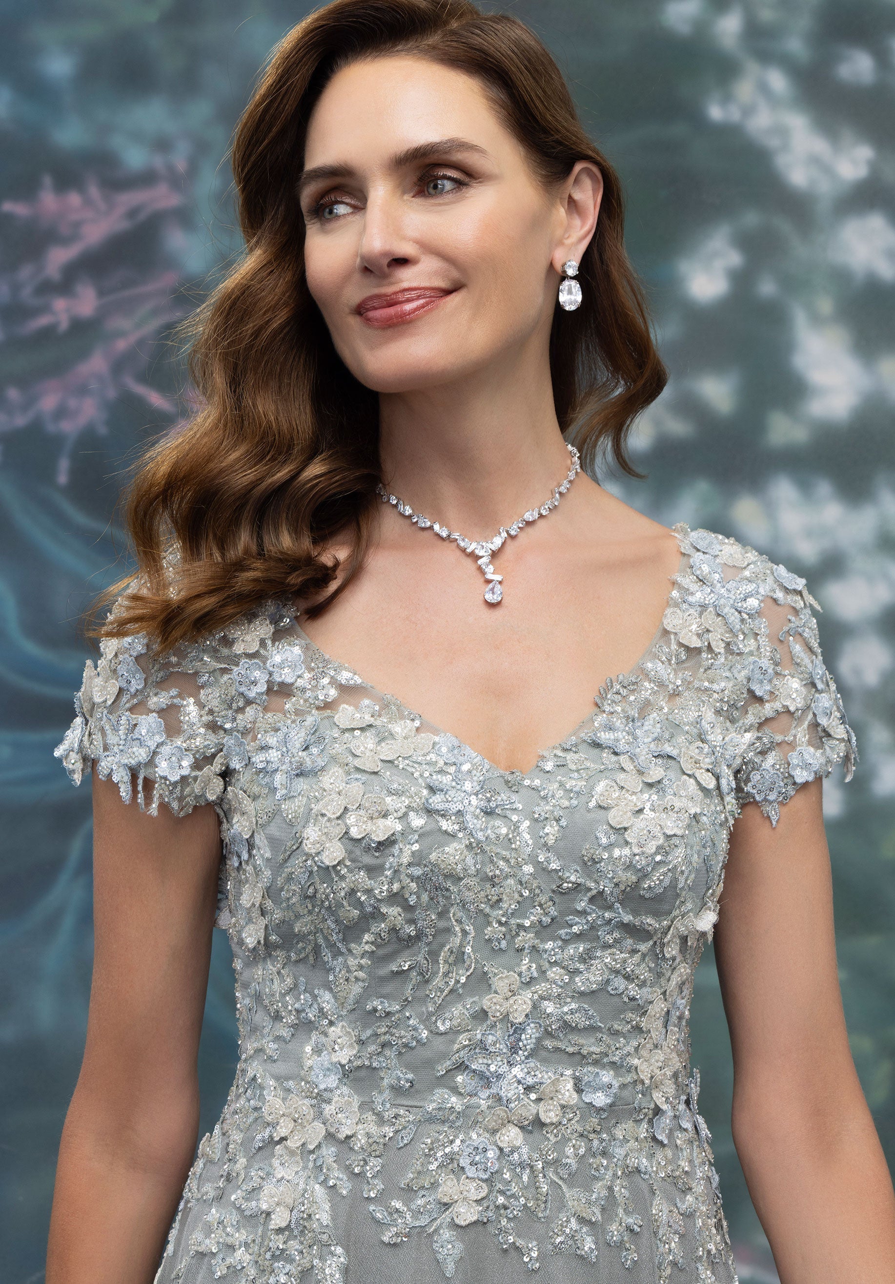 Short Sleeve Shimmer Chiffon Evening Gown with Florals and Hand Beading - Image 4