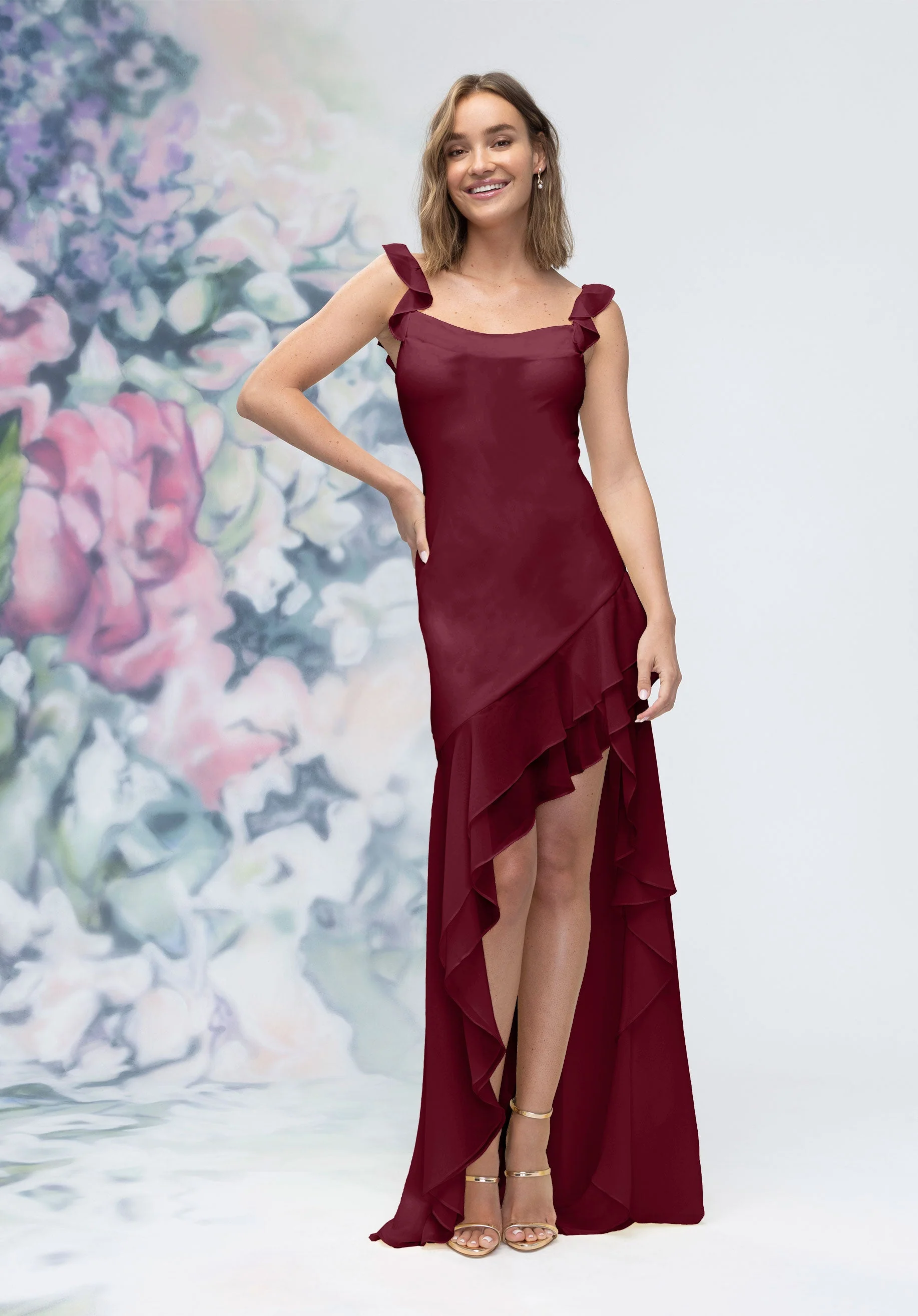 Soft Cowl Chiffon Bridesmaid Dress with Asymmetric Ruffle Skirt - Image 11