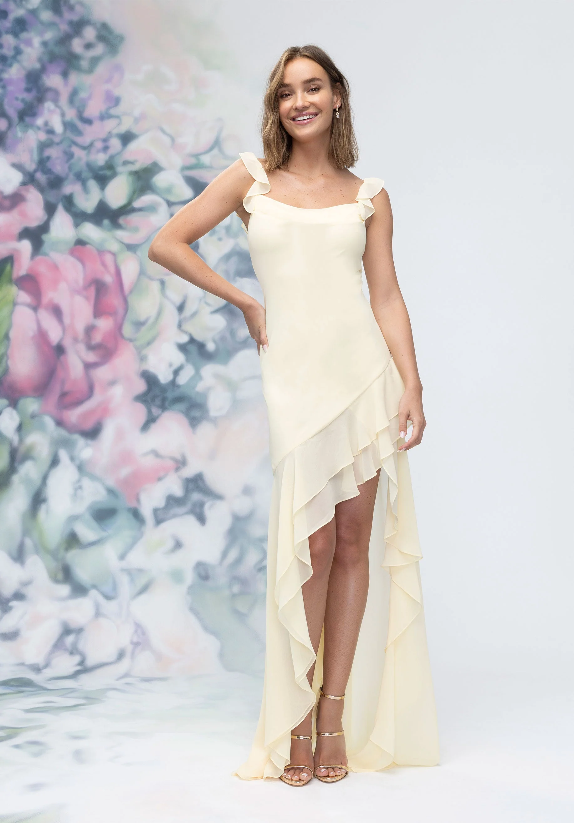 Soft Cowl Chiffon Bridesmaid Dress with Asymmetric Ruffle Skirt - Image 12