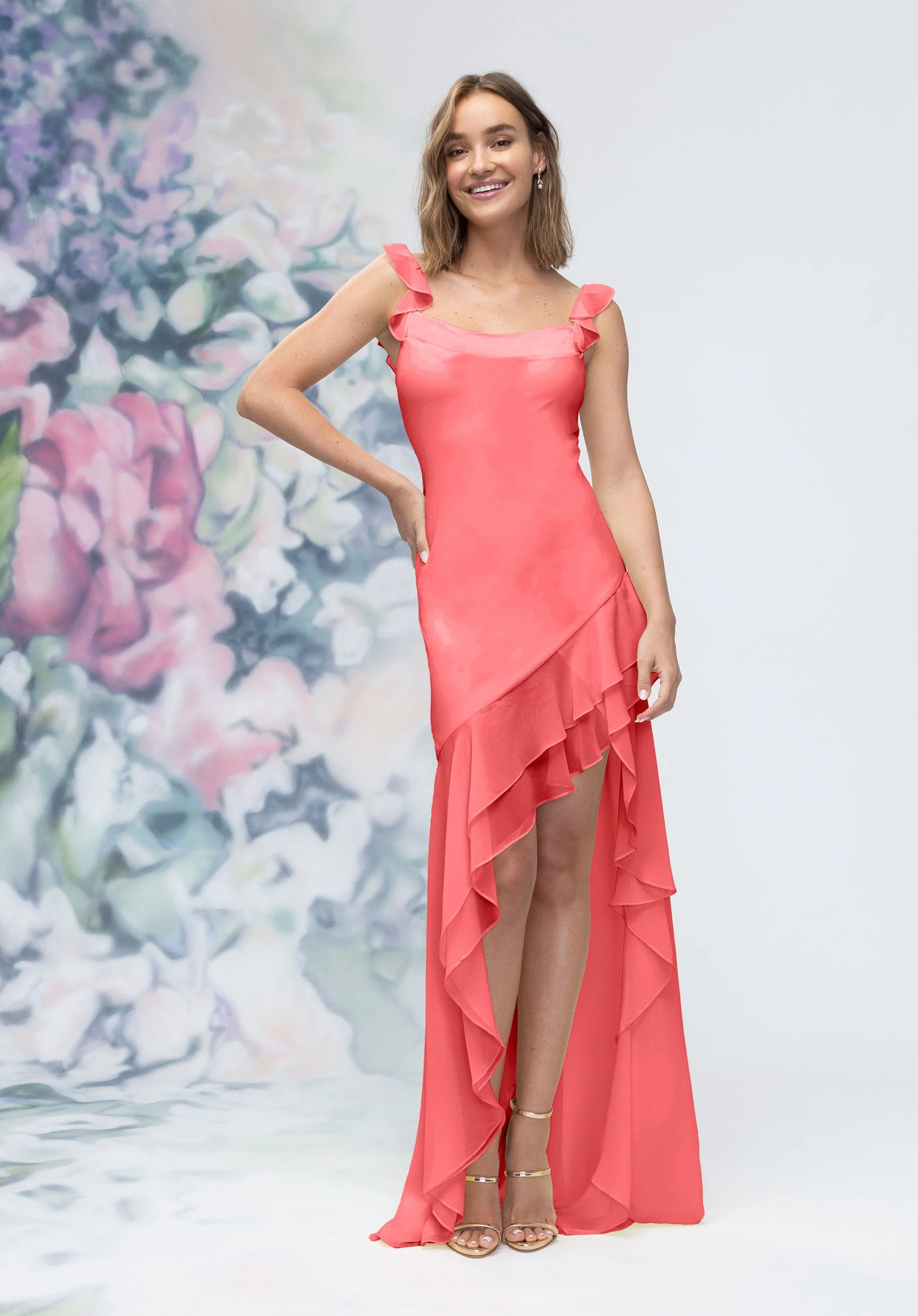 Soft Cowl Chiffon Bridesmaid Dress with Asymmetric Ruffle Skirt - Image 14
