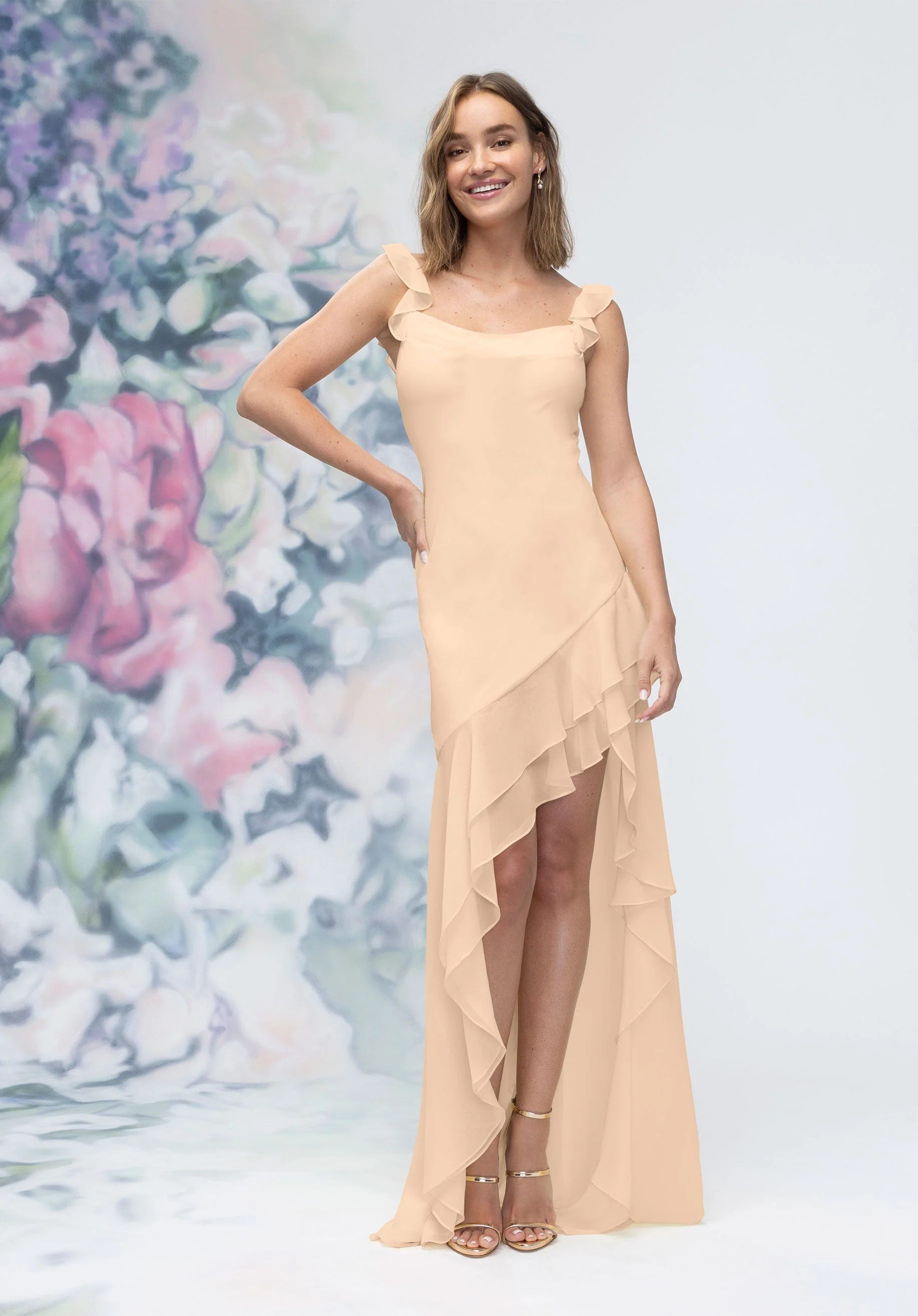 Soft Cowl Chiffon Bridesmaid Dress with Asymmetric Ruffle Skirt - Image 15