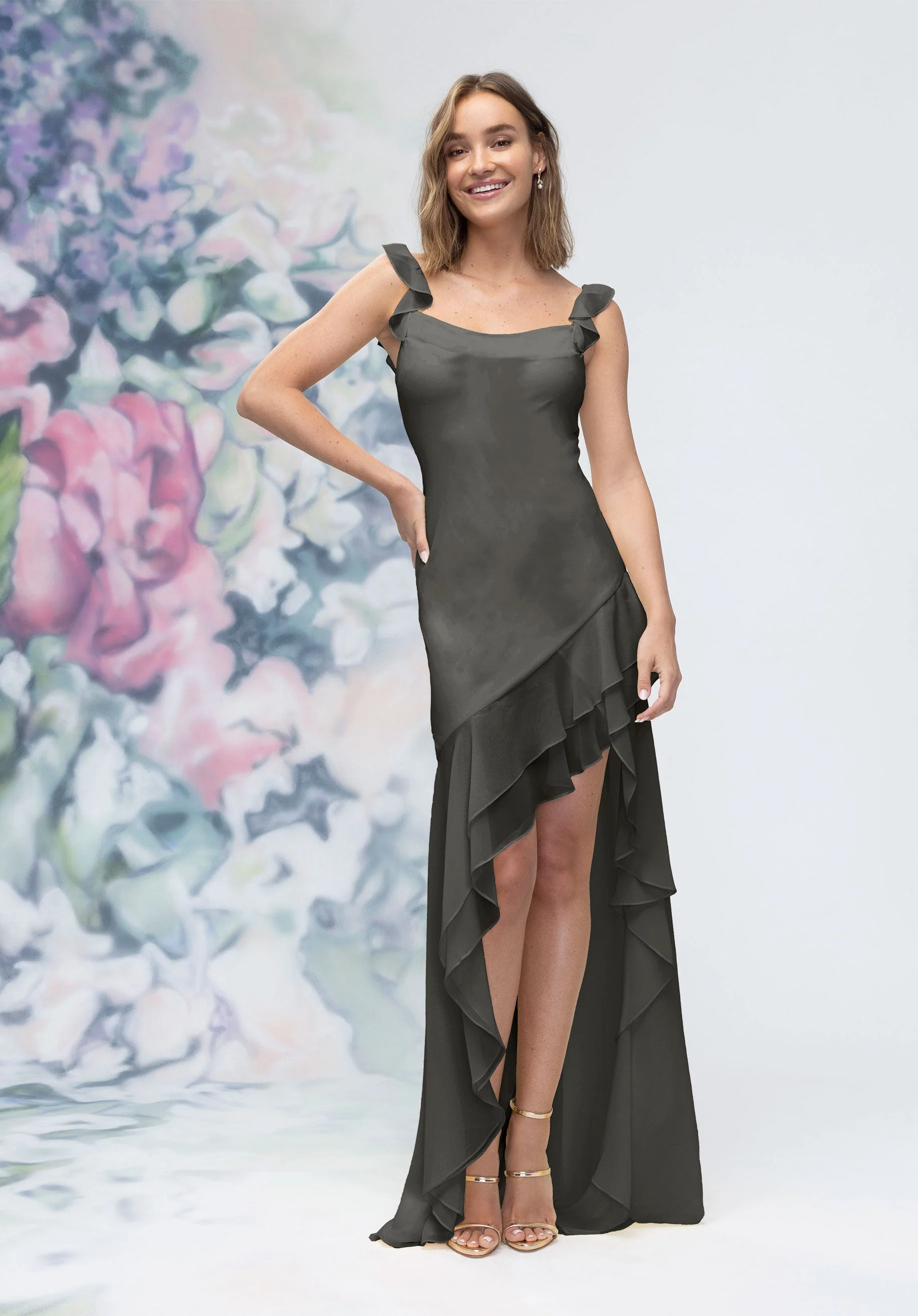 Soft Cowl Chiffon Bridesmaid Dress with Asymmetric Ruffle Skirt - Image 16