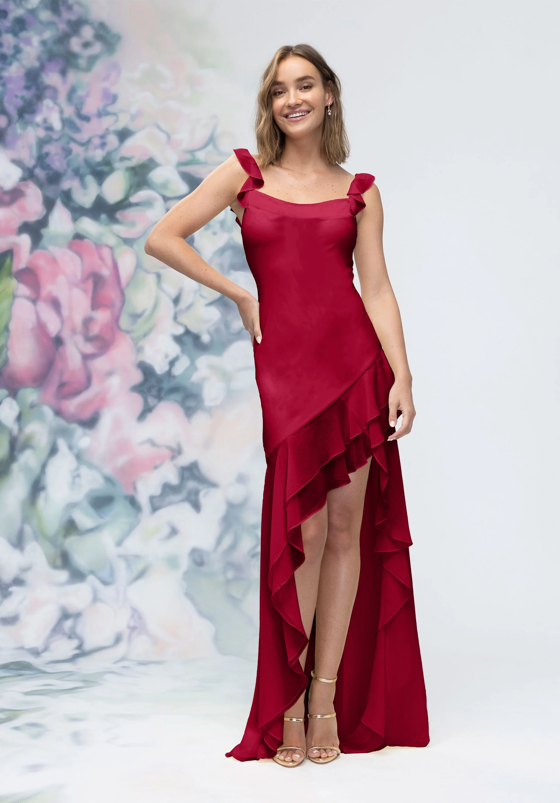 Soft Cowl Chiffon Bridesmaid Dress with Asymmetric Ruffle Skirt - Image 18