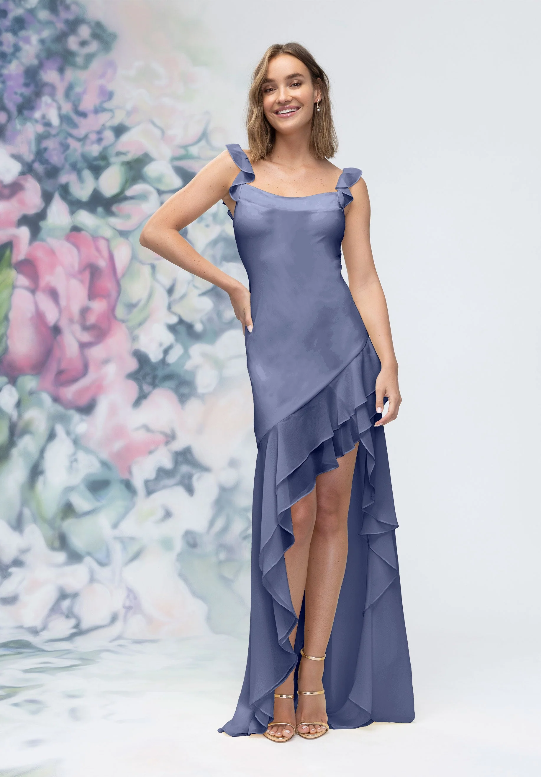 Soft Cowl Chiffon Bridesmaid Dress with Asymmetric Ruffle Skirt - Image 24