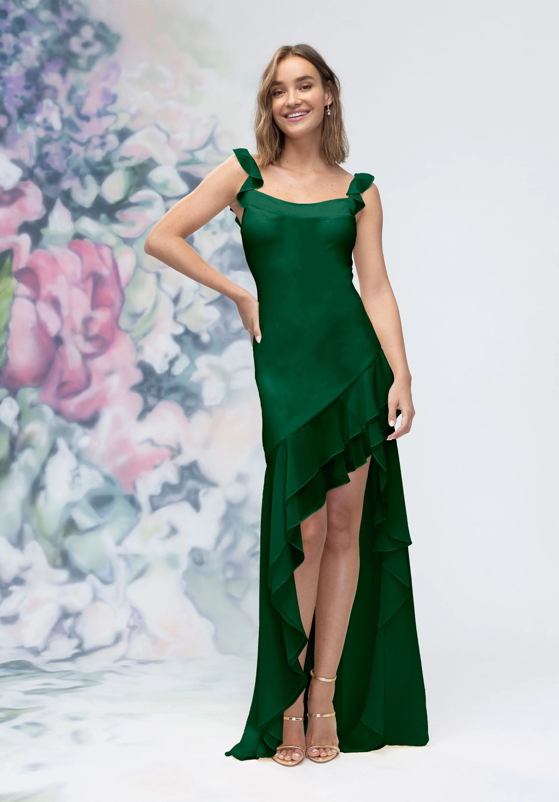 Soft Cowl Chiffon Bridesmaid Dress with Asymmetric Ruffle Skirt - Image 26