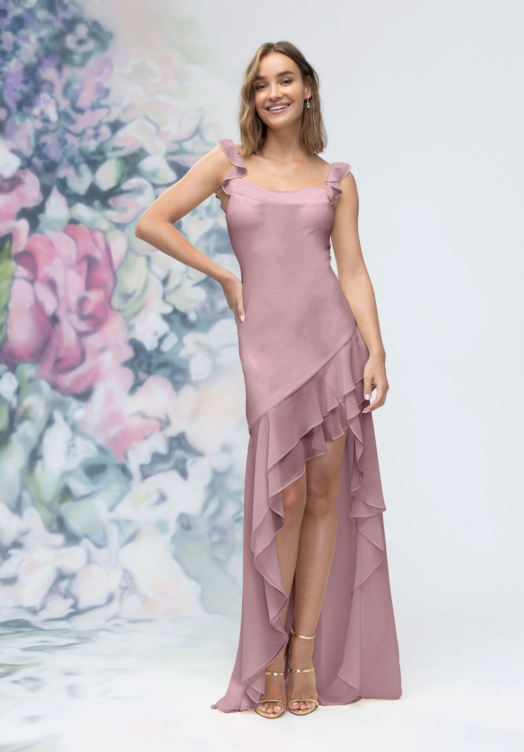 Soft Cowl Chiffon Bridesmaid Dress with Asymmetric Ruffle Skirt - Image 29