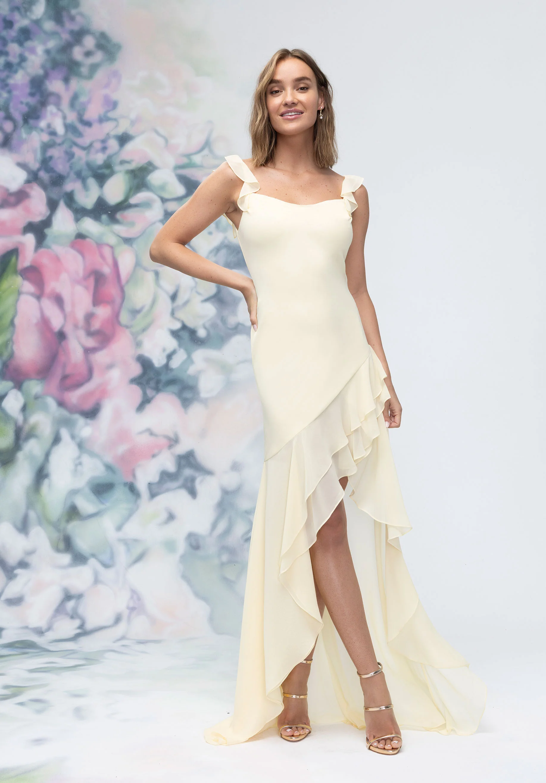 Soft Cowl Chiffon Bridesmaid Dress with Asymmetric Ruffle Skirt - Image 3