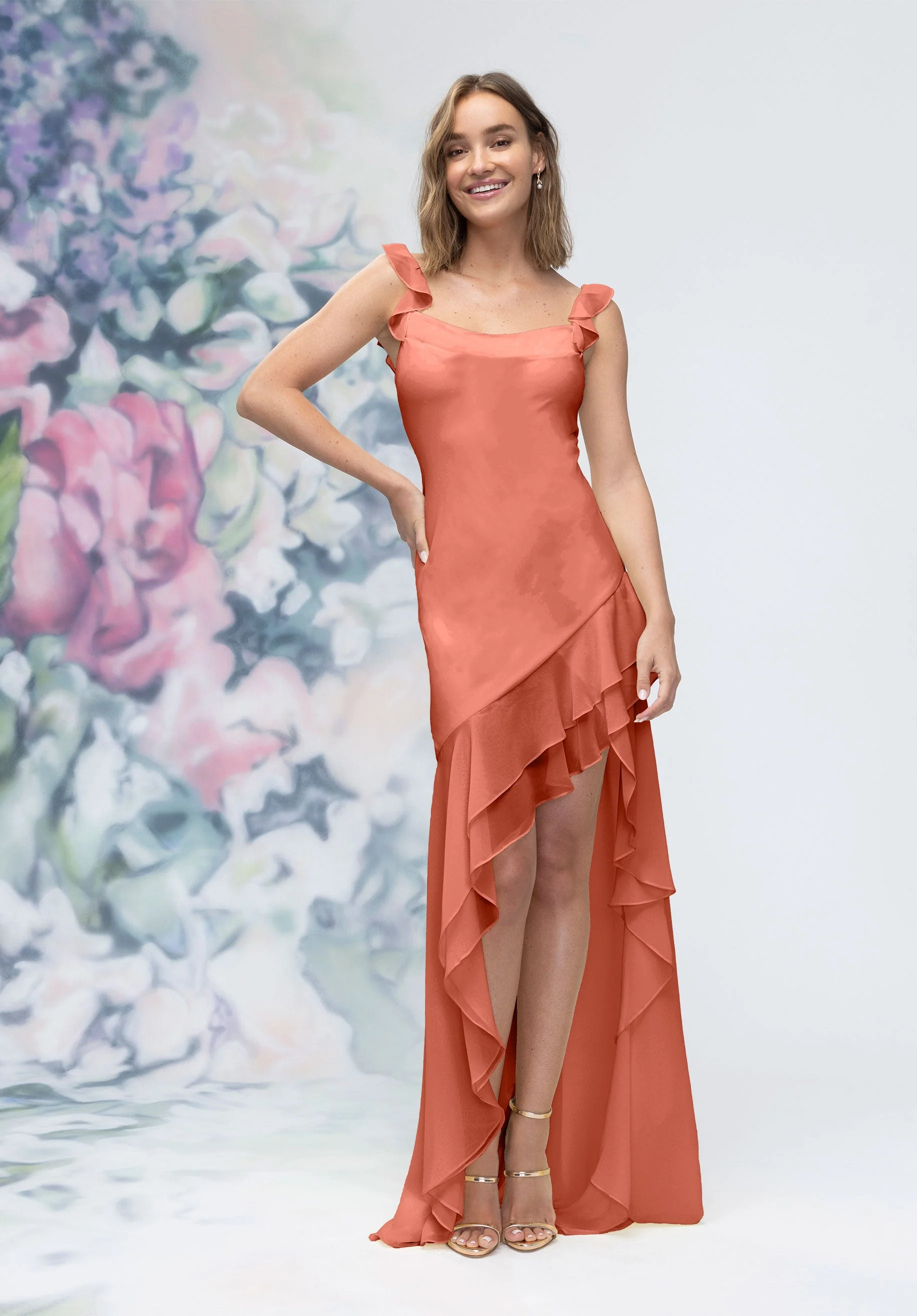 Soft Cowl Chiffon Bridesmaid Dress with Asymmetric Ruffle Skirt - Image 50