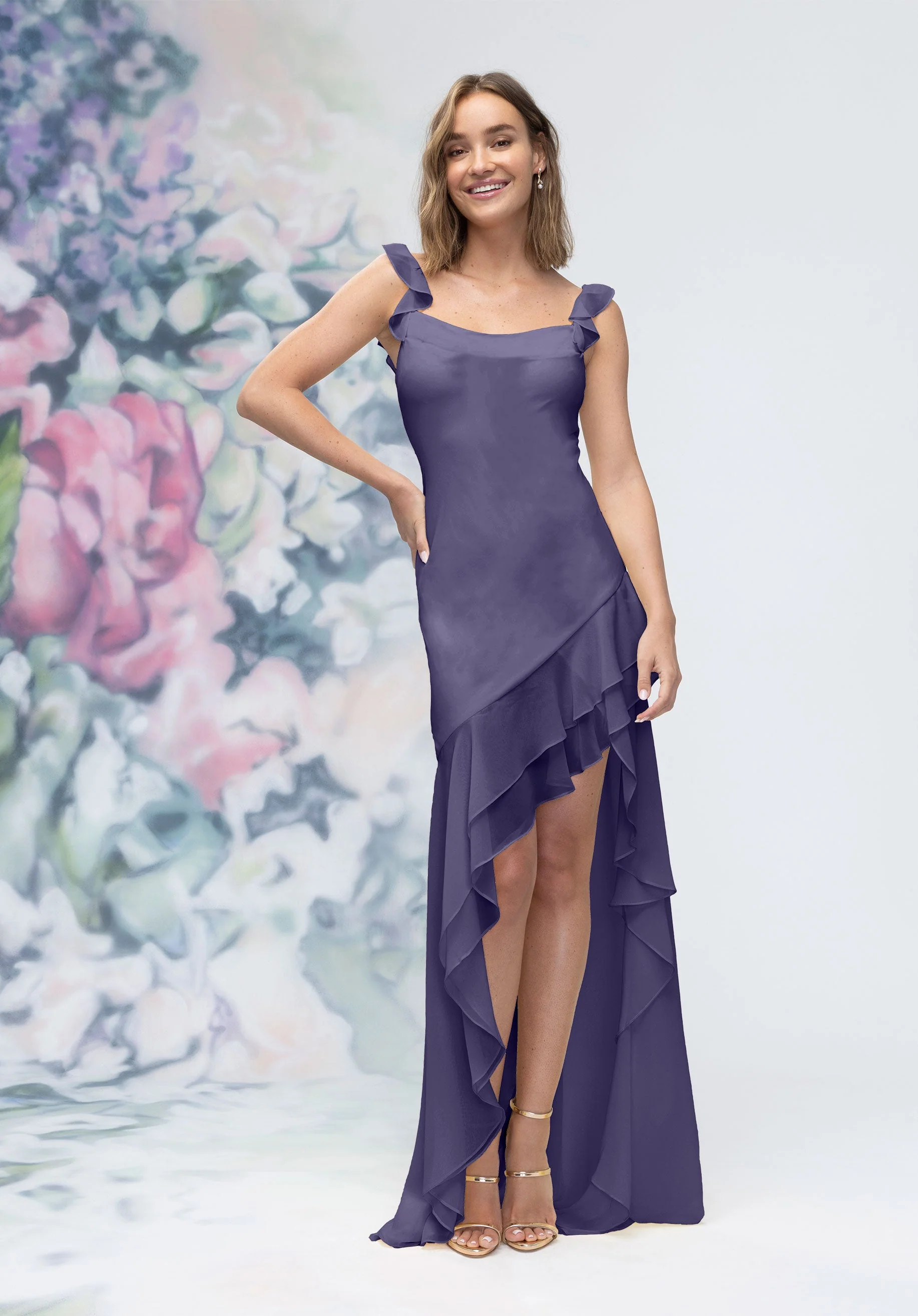 Soft Cowl Chiffon Bridesmaid Dress with Asymmetric Ruffle Skirt - Image 51