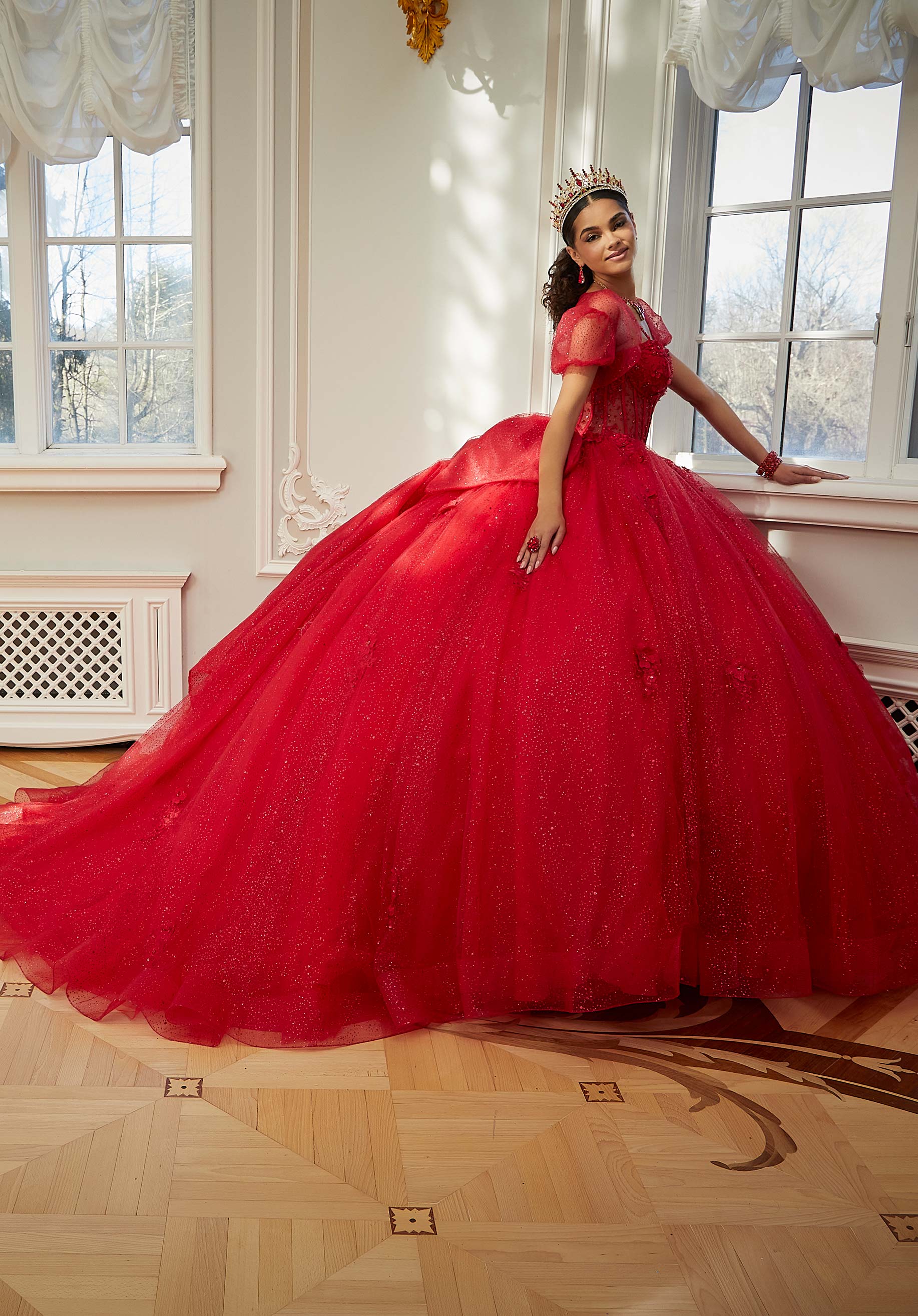 Sparkle Tulle Quinceañera Dress with Sheer Bodice and Three-Dimensional Florals - Image 3