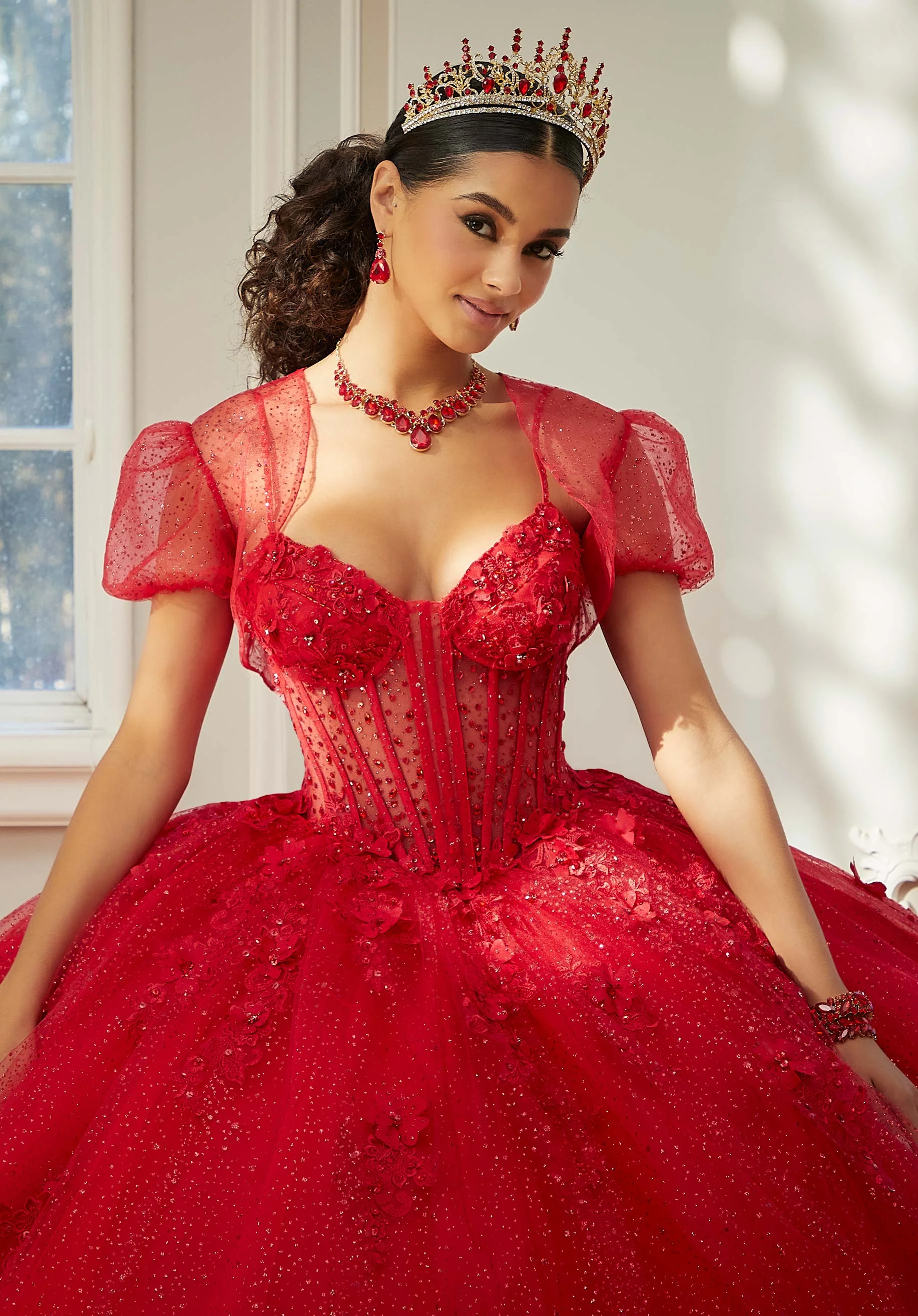 Sparkle Tulle Quinceañera Dress with Sheer Bodice and Three-Dimensional Florals - Image 4
