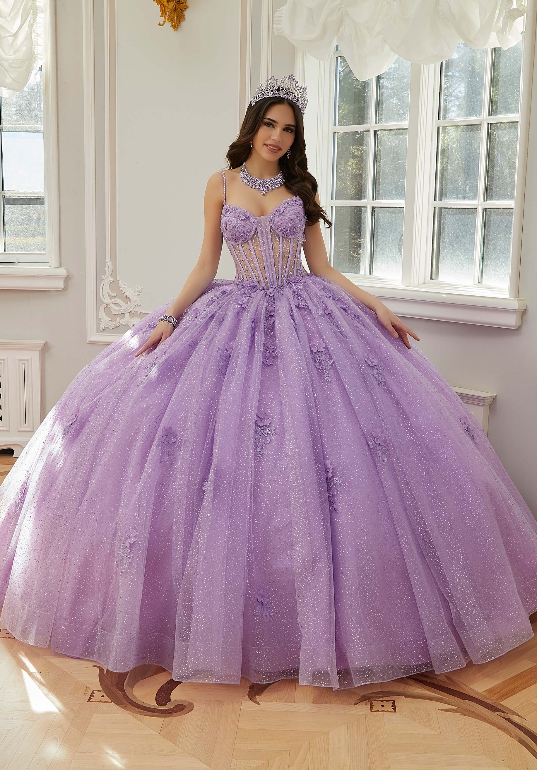 Sparkle Tulle Quinceañera Dress with Sheer Bodice and Three-Dimensional Florals - Image 5