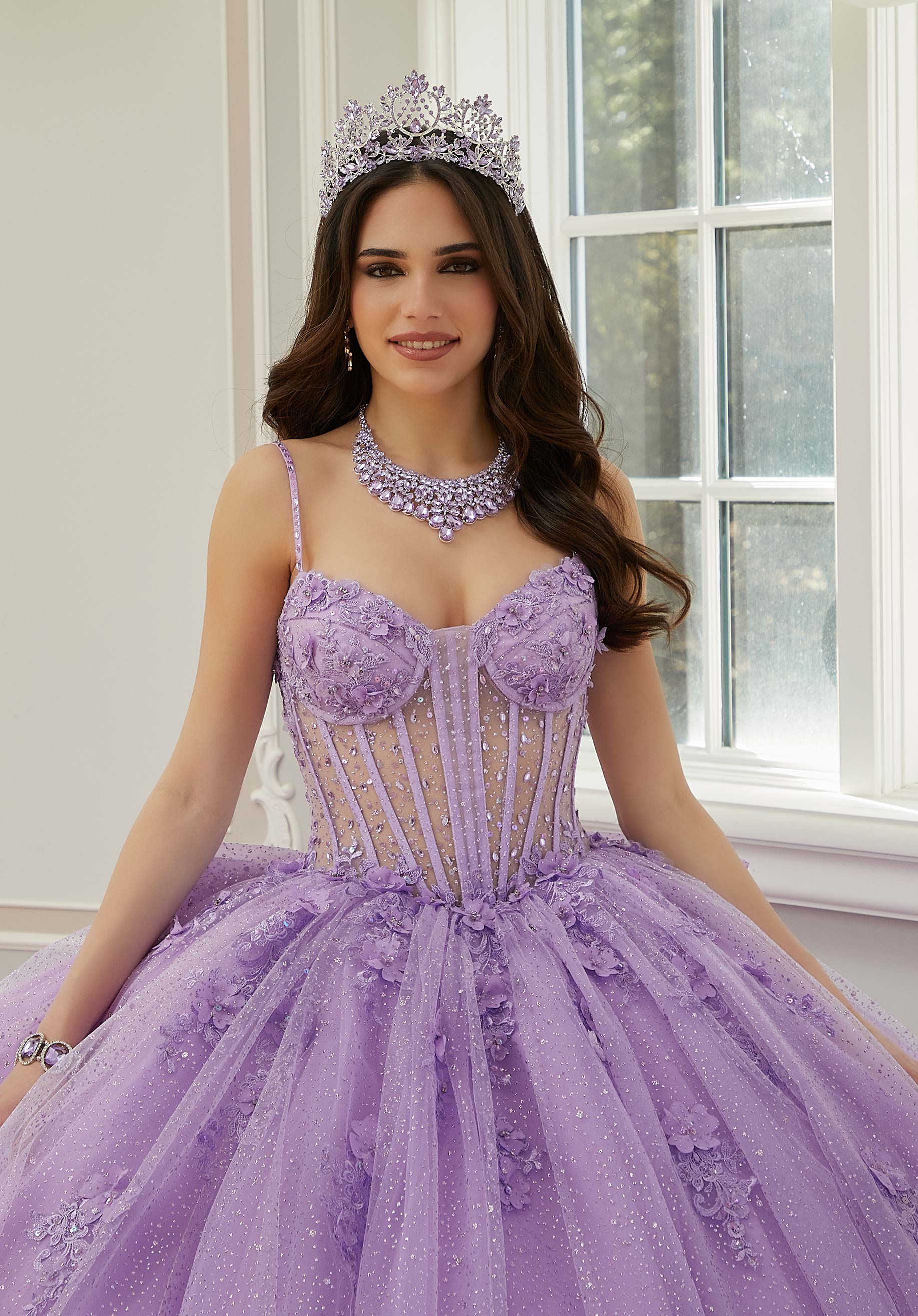 Sparkle Tulle Quinceañera Dress with Sheer Bodice and Three-Dimensional Florals - Image 6