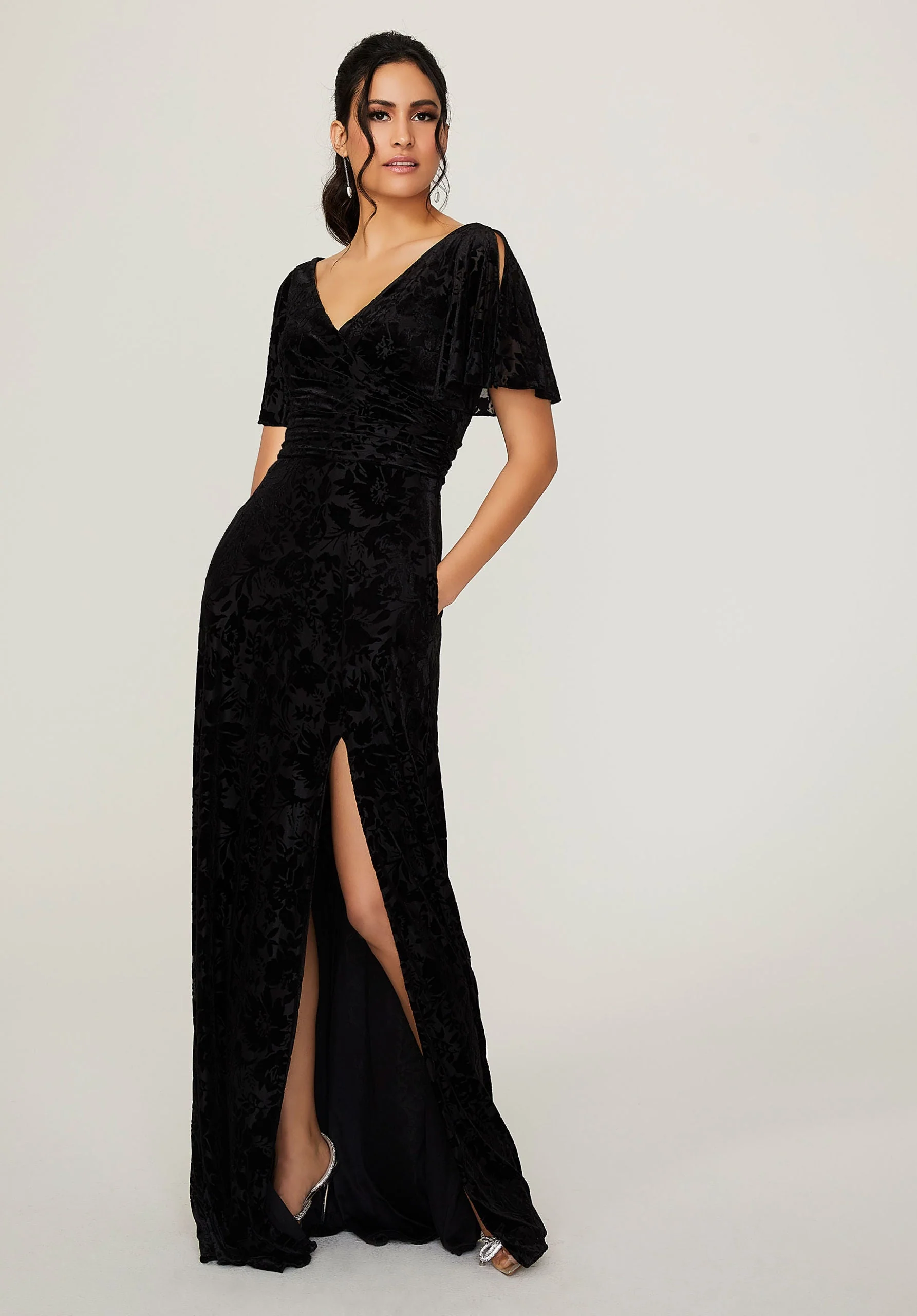 Split Sleeve Floral Velvet Bridesmaid Dress