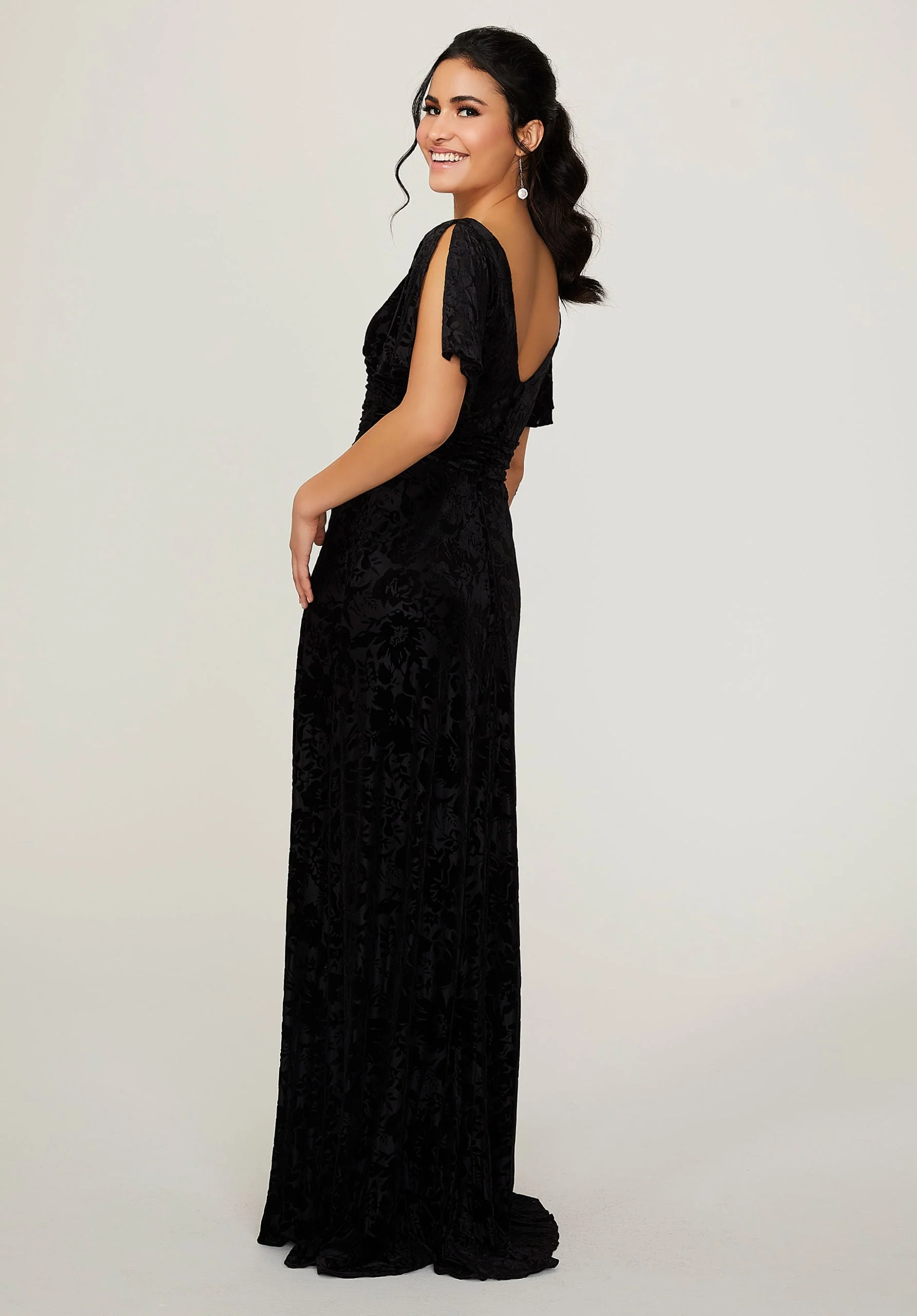 Split Sleeve Floral Velvet Bridesmaid Dress - Image 3
