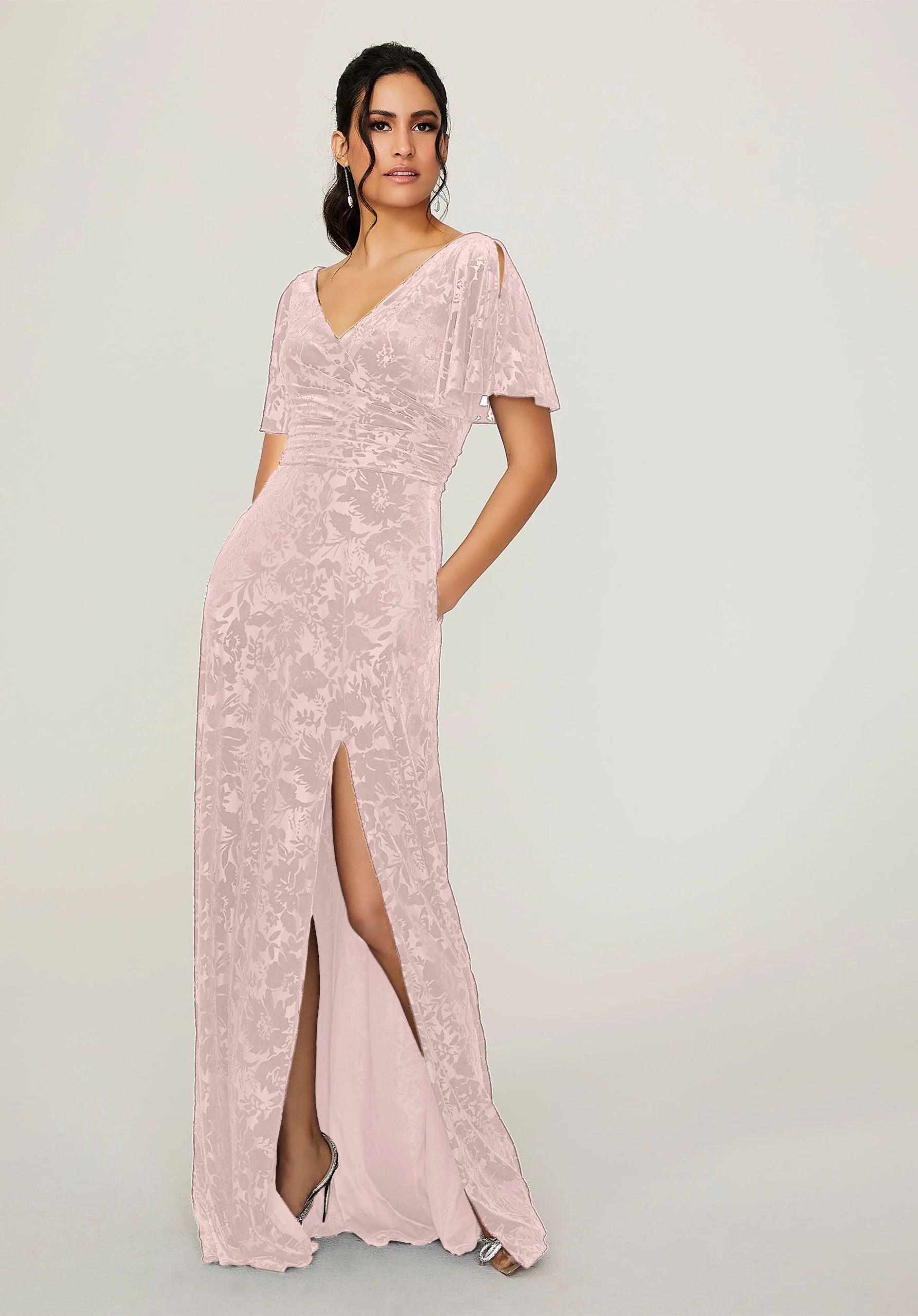Split Sleeve Floral Velvet Bridesmaid Dress - Image 4