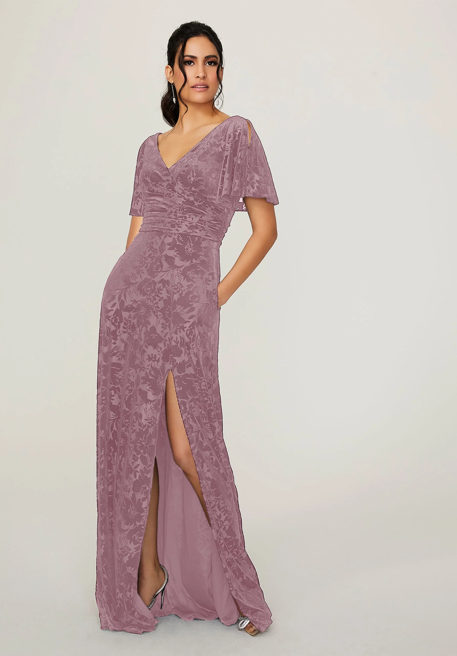 Split Sleeve Floral Velvet Bridesmaid Dress - Image 5