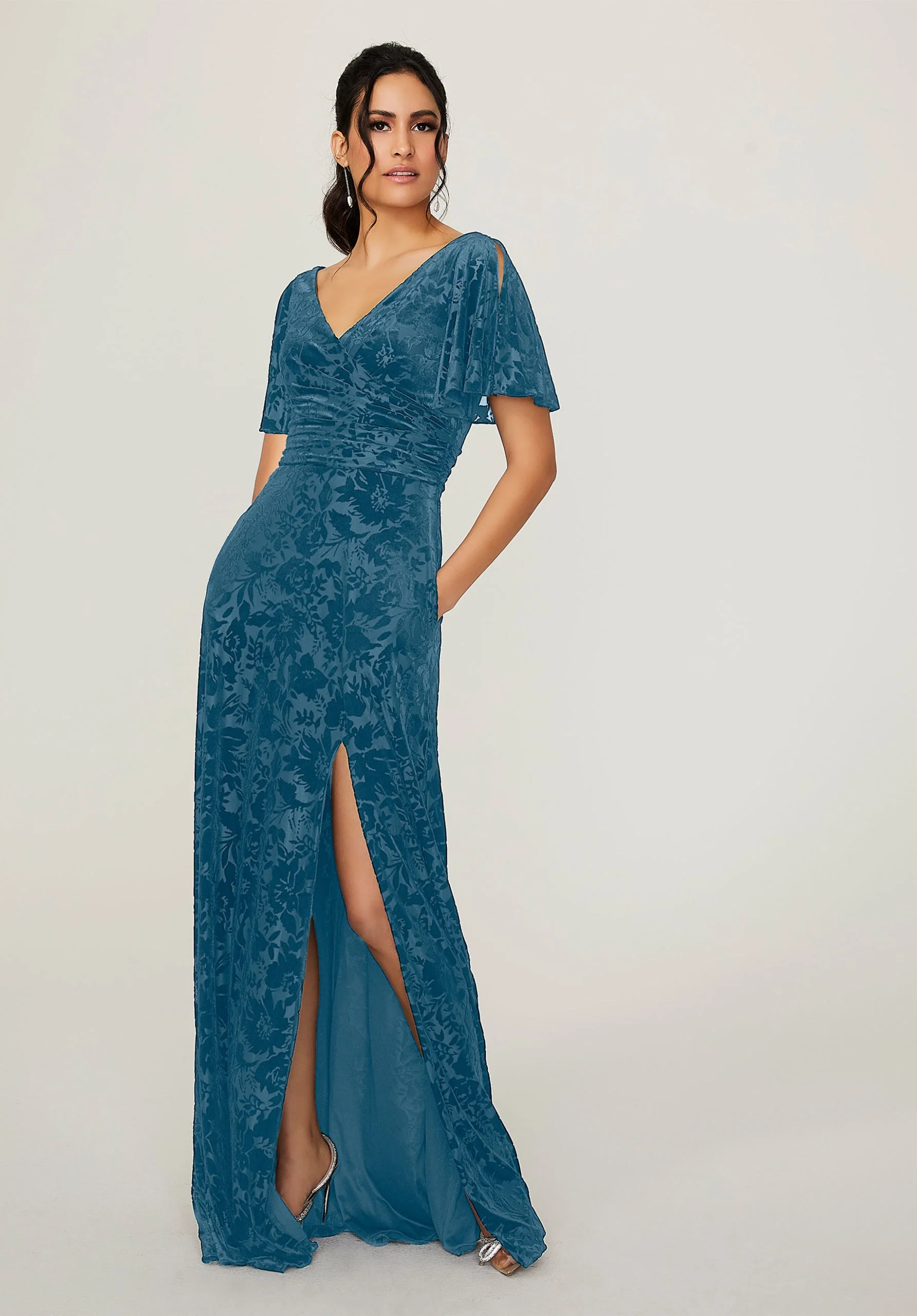 Split Sleeve Floral Velvet Bridesmaid Dress - Image 6