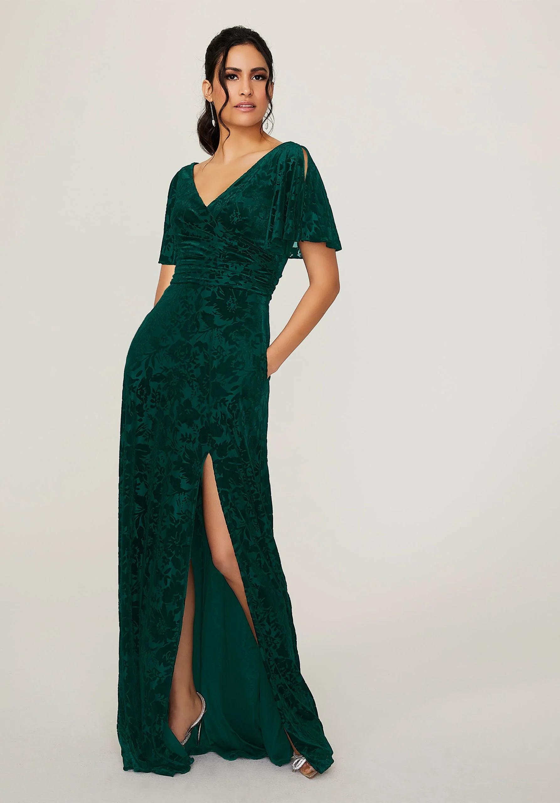 Split Sleeve Floral Velvet Bridesmaid Dress - Image 8