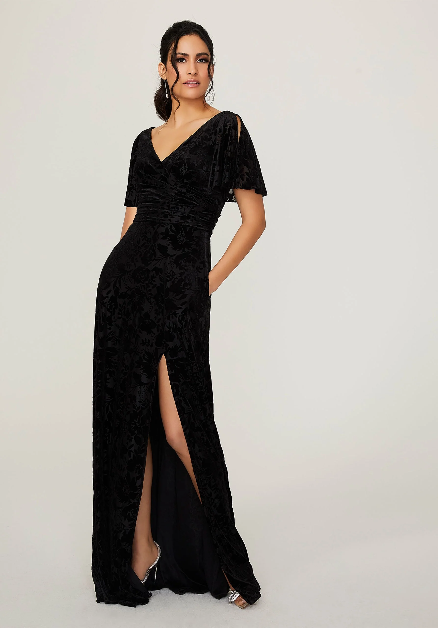 Split Sleeve Floral Velvet Bridesmaid Dress - Image 9
