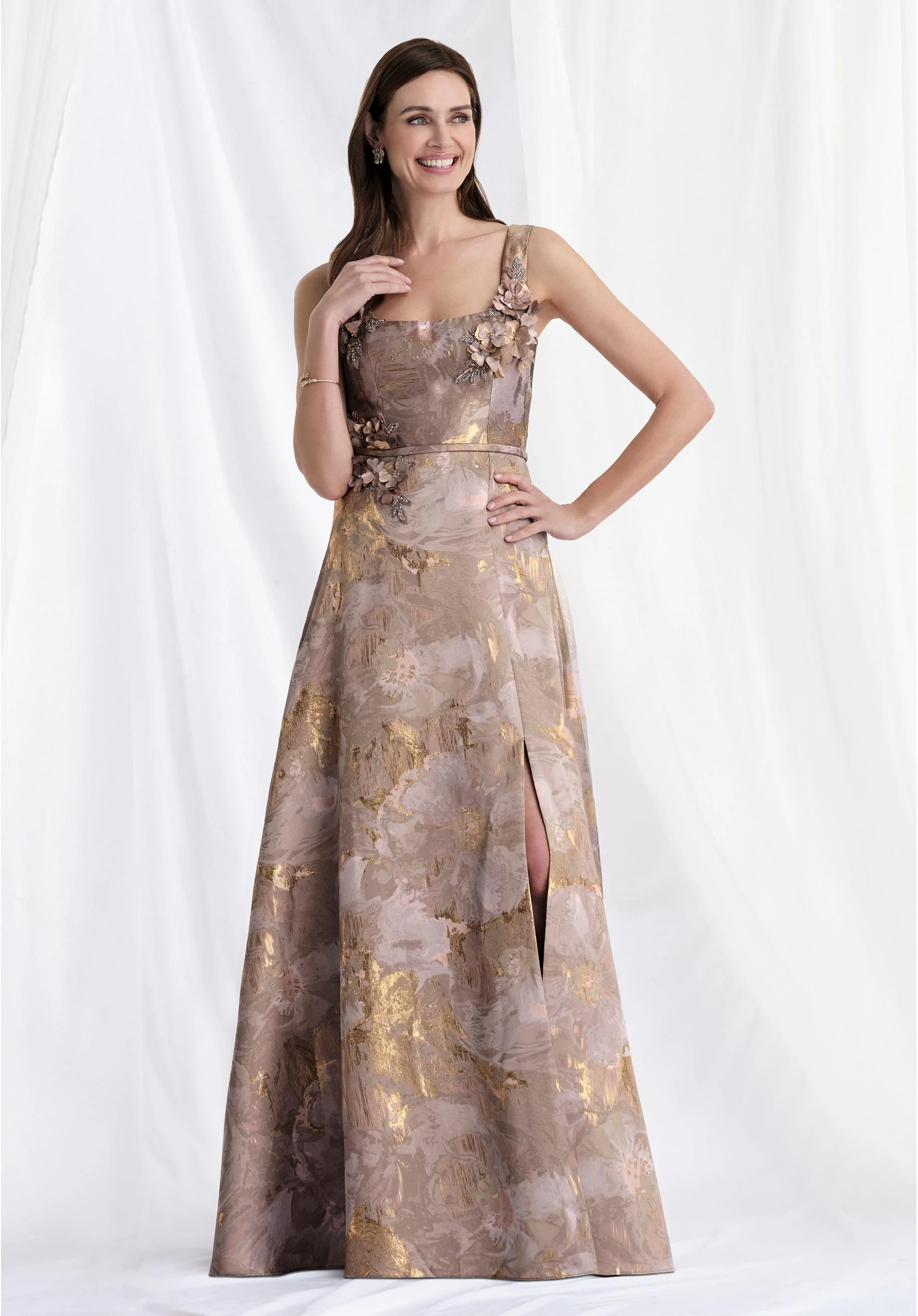Square Neck Brocade A-Line Evening Gown with Beaded Petals - Image 3