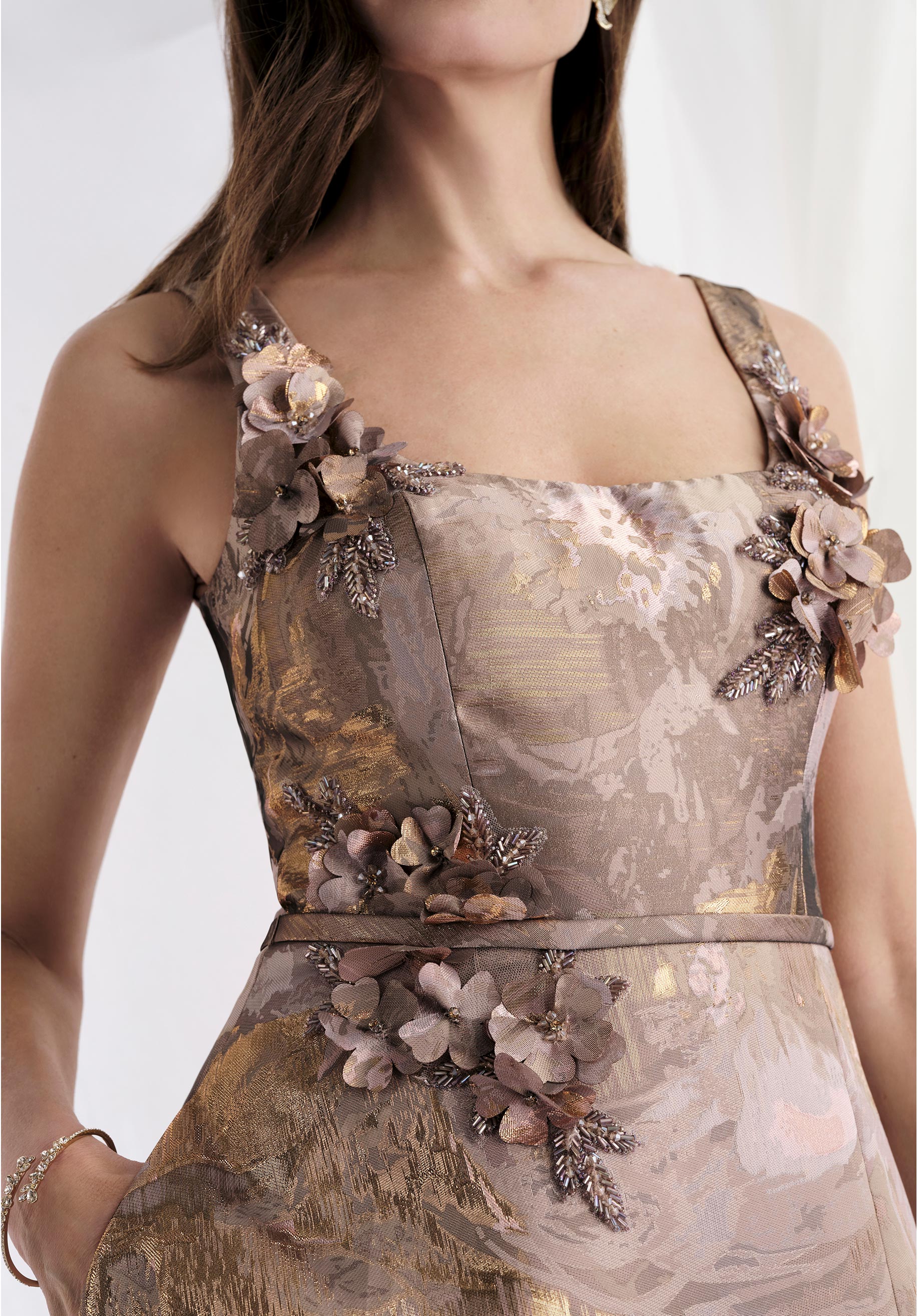 Square Neck Brocade A-Line Evening Gown with Beaded Petals - Image 4