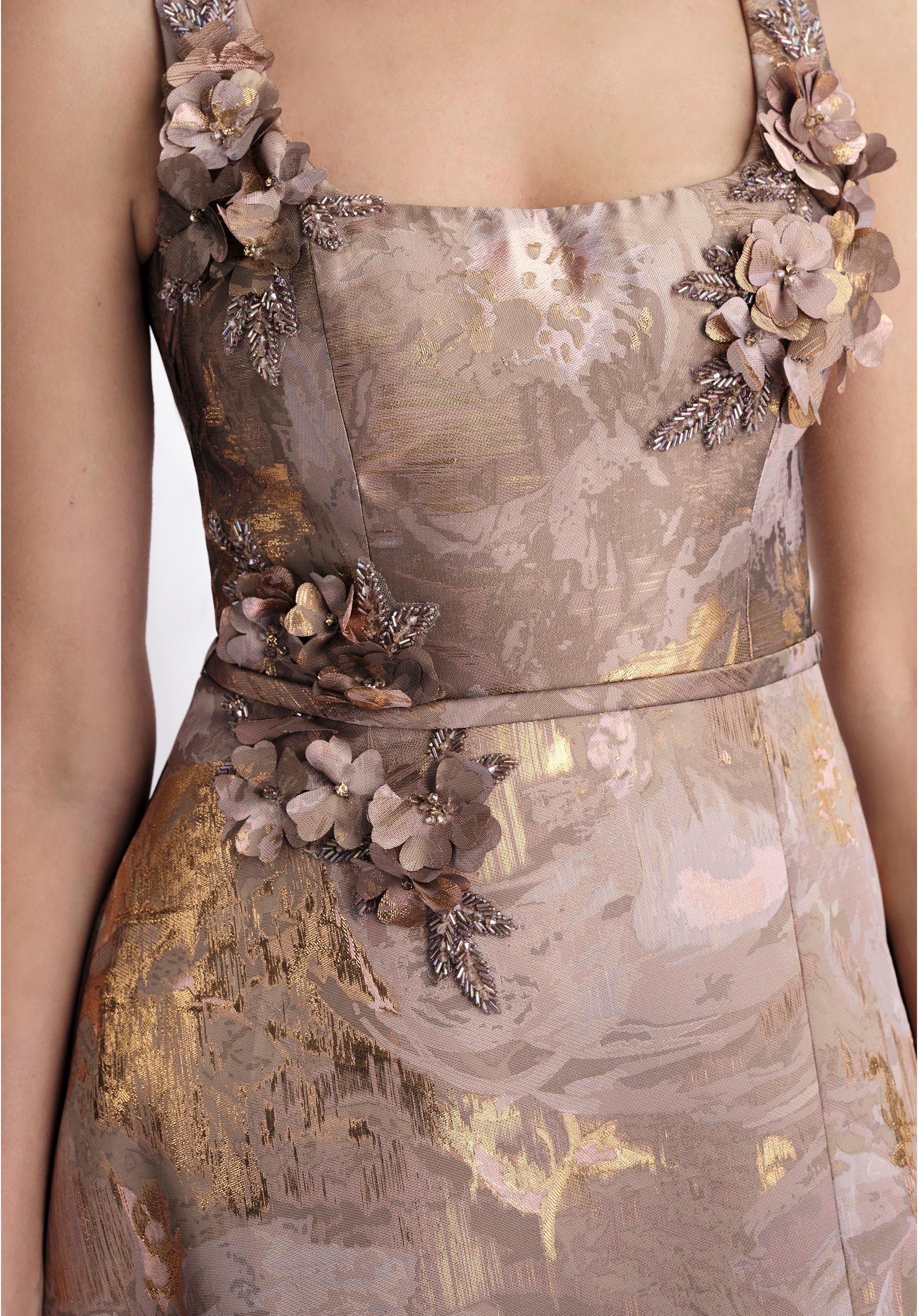 Square Neck Brocade A-Line Evening Gown with Beaded Petals - Image 5