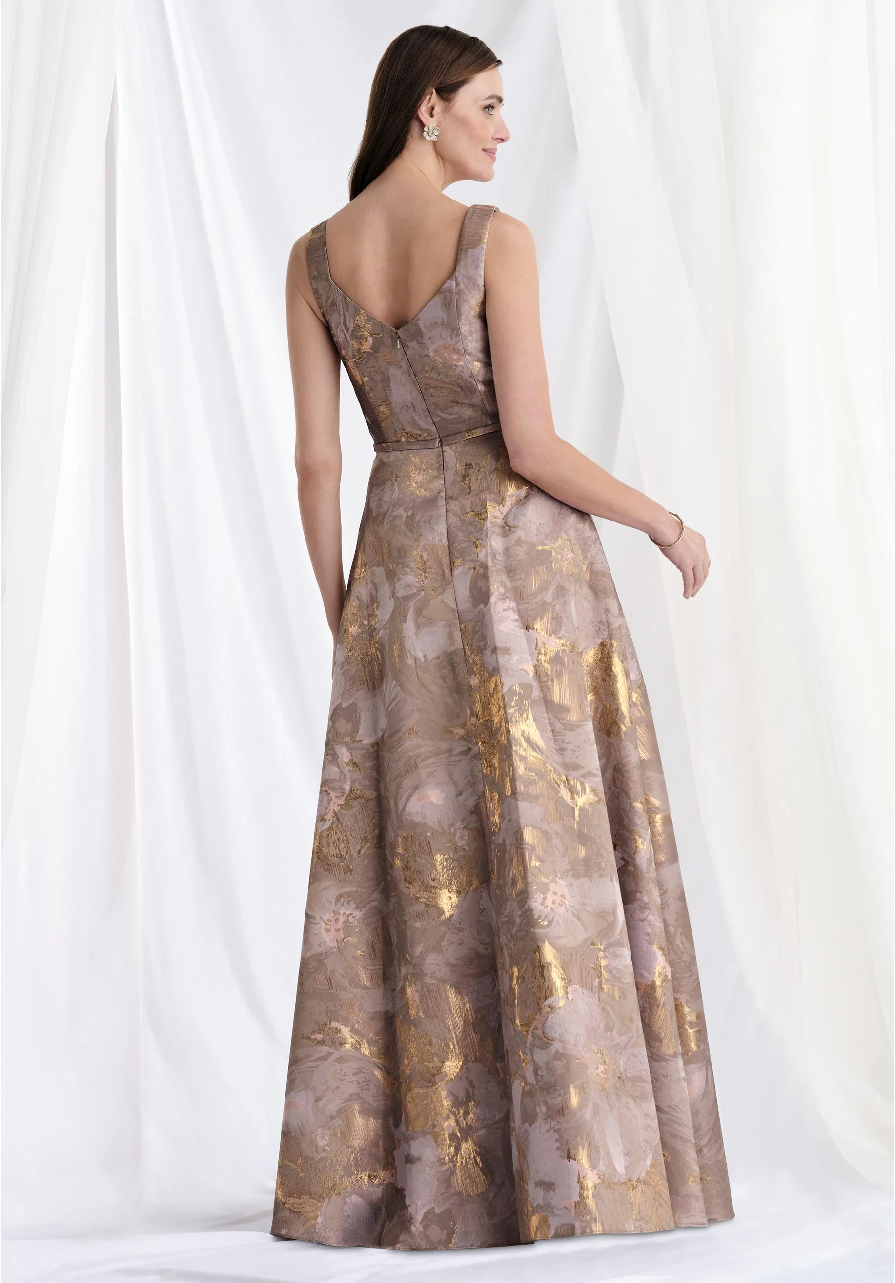 Square Neck Brocade A-Line Evening Gown with Beaded Petals - Image 6